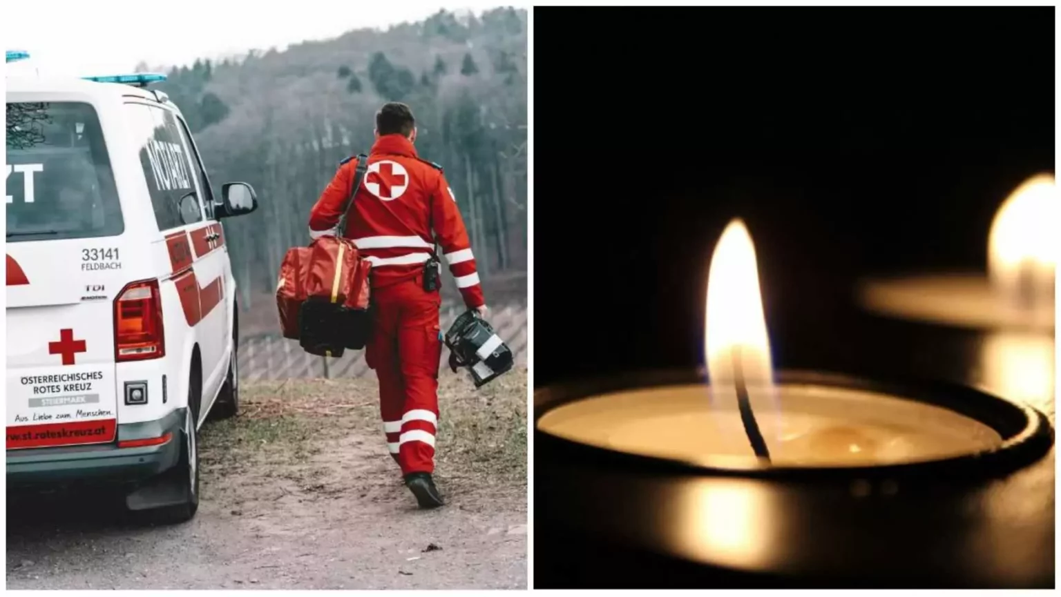 Foto in Beitrag von 5min.at: Zu sehen ist ein Rettungssanitäter, der in Richtung Rettungsauto geht und Kerzen, weil jemand verstorben ist.