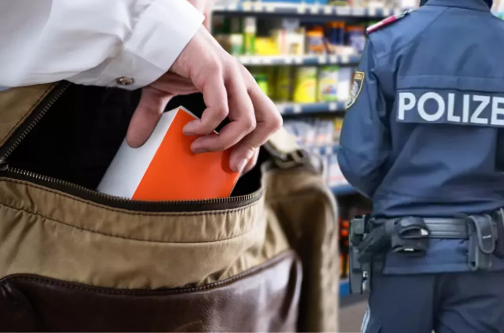 Bild auf 5min.at zeigt einen Polizeibeamten und eine Person, die etwas in ihre Tasche packt.