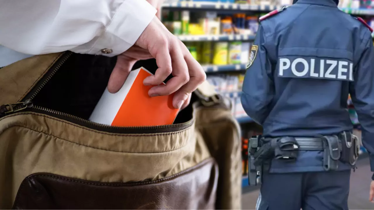 Bild auf 5min.at zeigt einen Polizeibeamten und eine Person, die etwas in ihre Tasche packt.