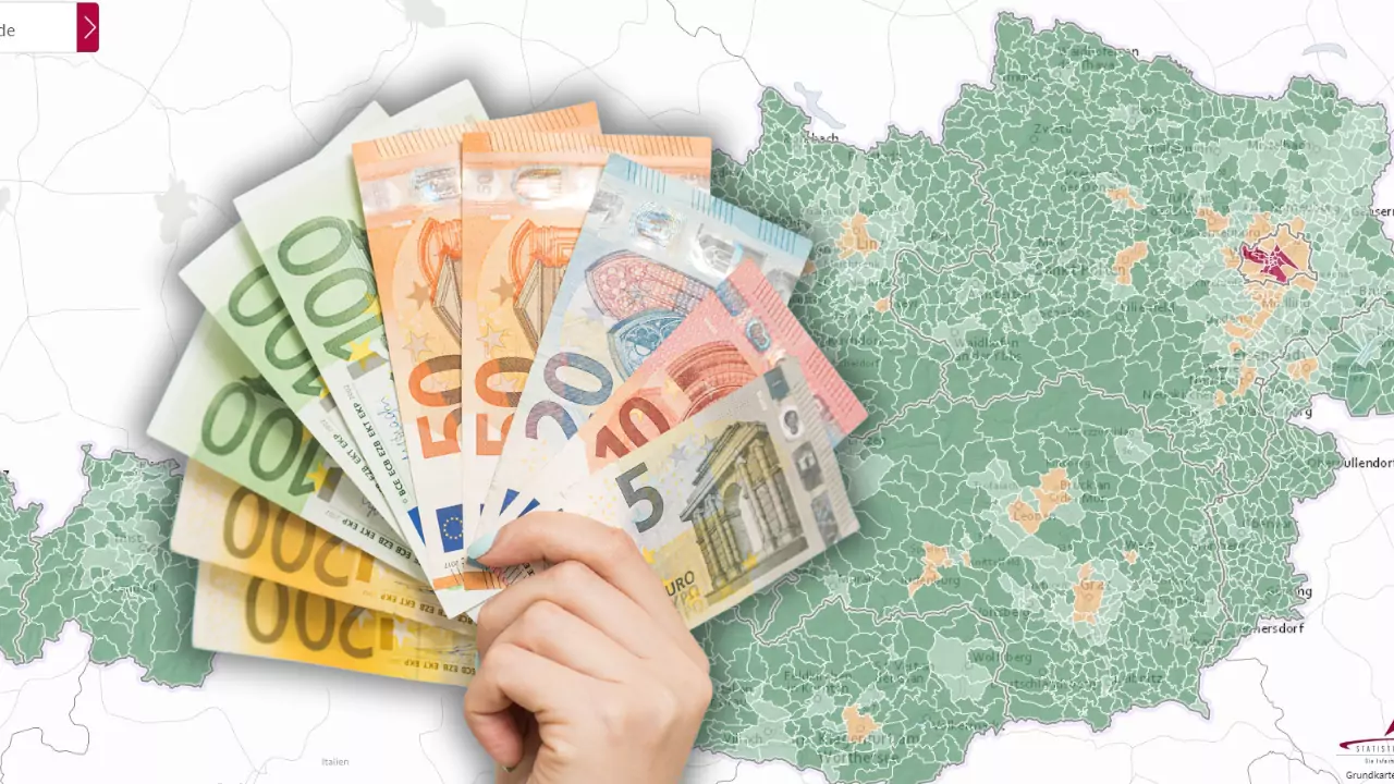 Bild auf 5min.at zeigt eine Österreich-Karte, im Vordergrund ist eine Hand mit Geldscheinen zu sehen.