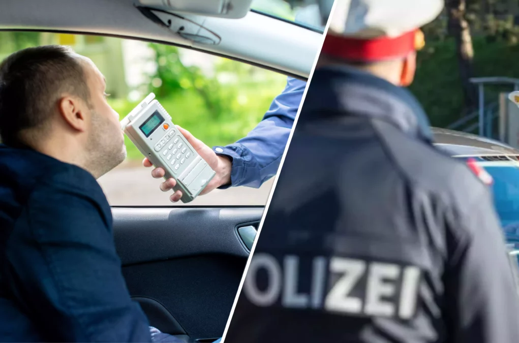 Eine Bildmontage auf 5min.at zeigt einen Lenker, der einen Alkomattest macht und eine Verkehrskontrolle.