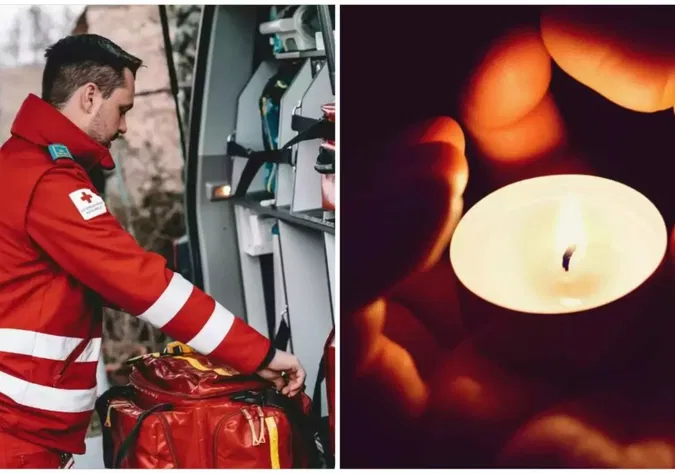 Foto in Beitrag von 5min.at: Zu sehen ist ein Mann, der beim Rettungsauto steht, und eine Kerze.