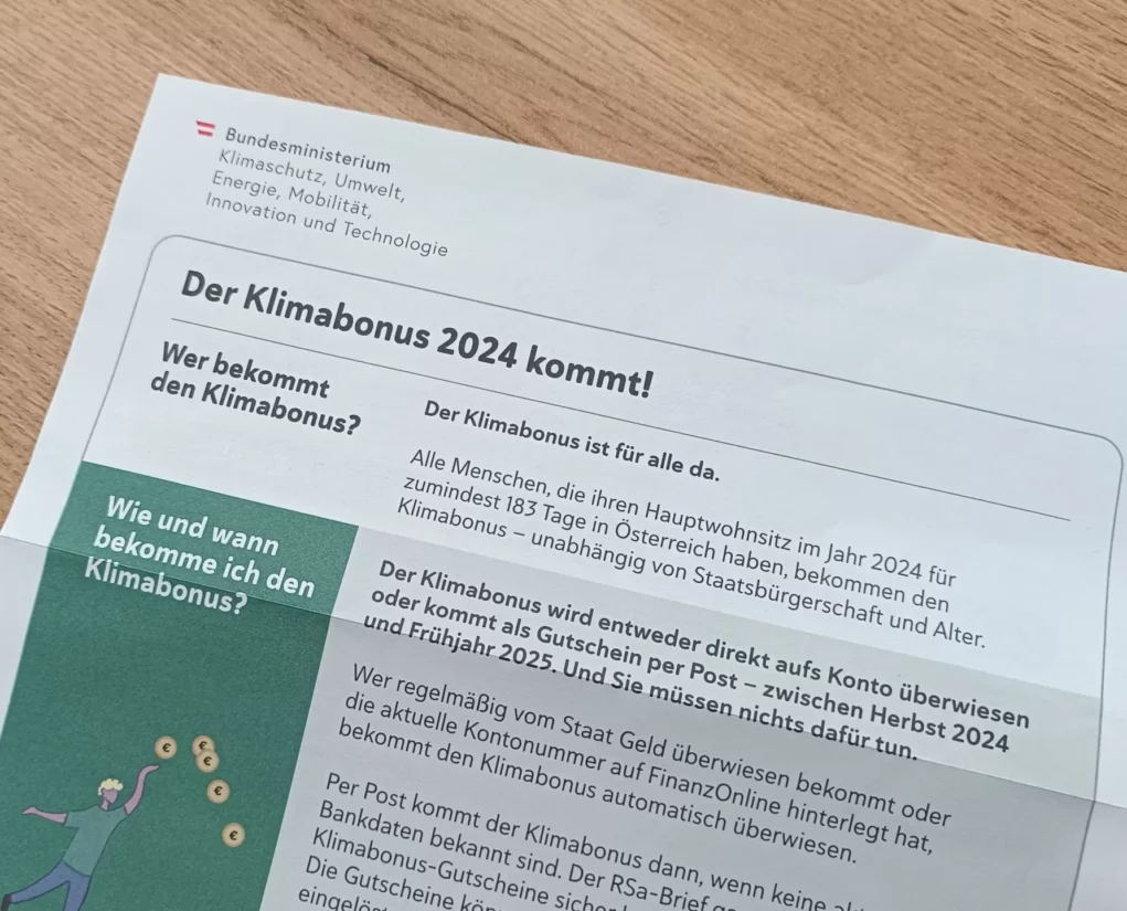 Bild auf 5min.at zeigt einen Brief zum Thema Klimabonus