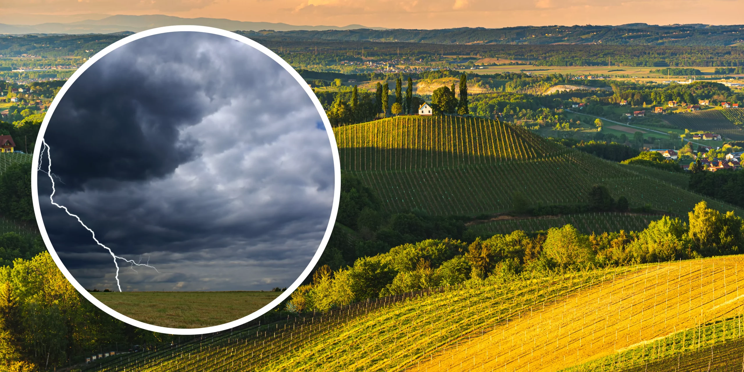 Bild auf 5min.at zeigt eine steierische sommerliche Landschaft, sowie einen Blitz
