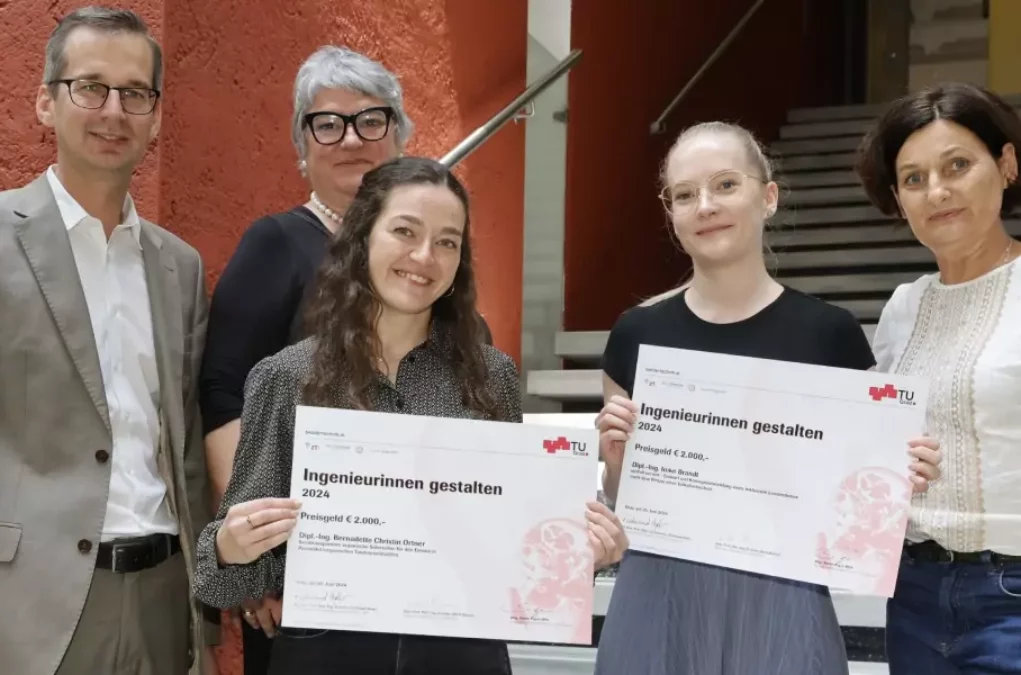 Ingenieurinnen gestalten: v.l.n.r.: Martin Payer, kaufmännischer Geschäftsführer FH JOANNEUM, Katja Kienzl, alumni - Frauennetzwerk WomenUniverse, Imke Brandt, Bernadette Christin Ortner, Andrea Höglinger, Vizerektorin für Forschung TU Graz.