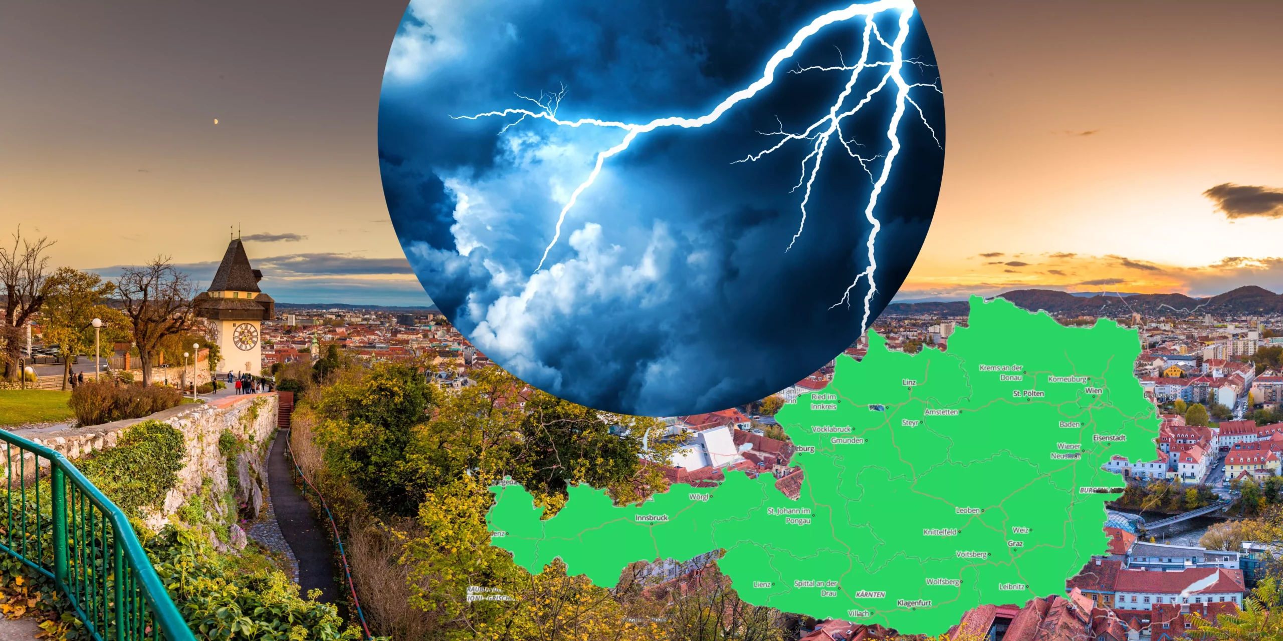 Auf dem Bild bei 5min.at sieht man die Stadt Graz, eine Gewitterzelle und eine Wetterwarnung.