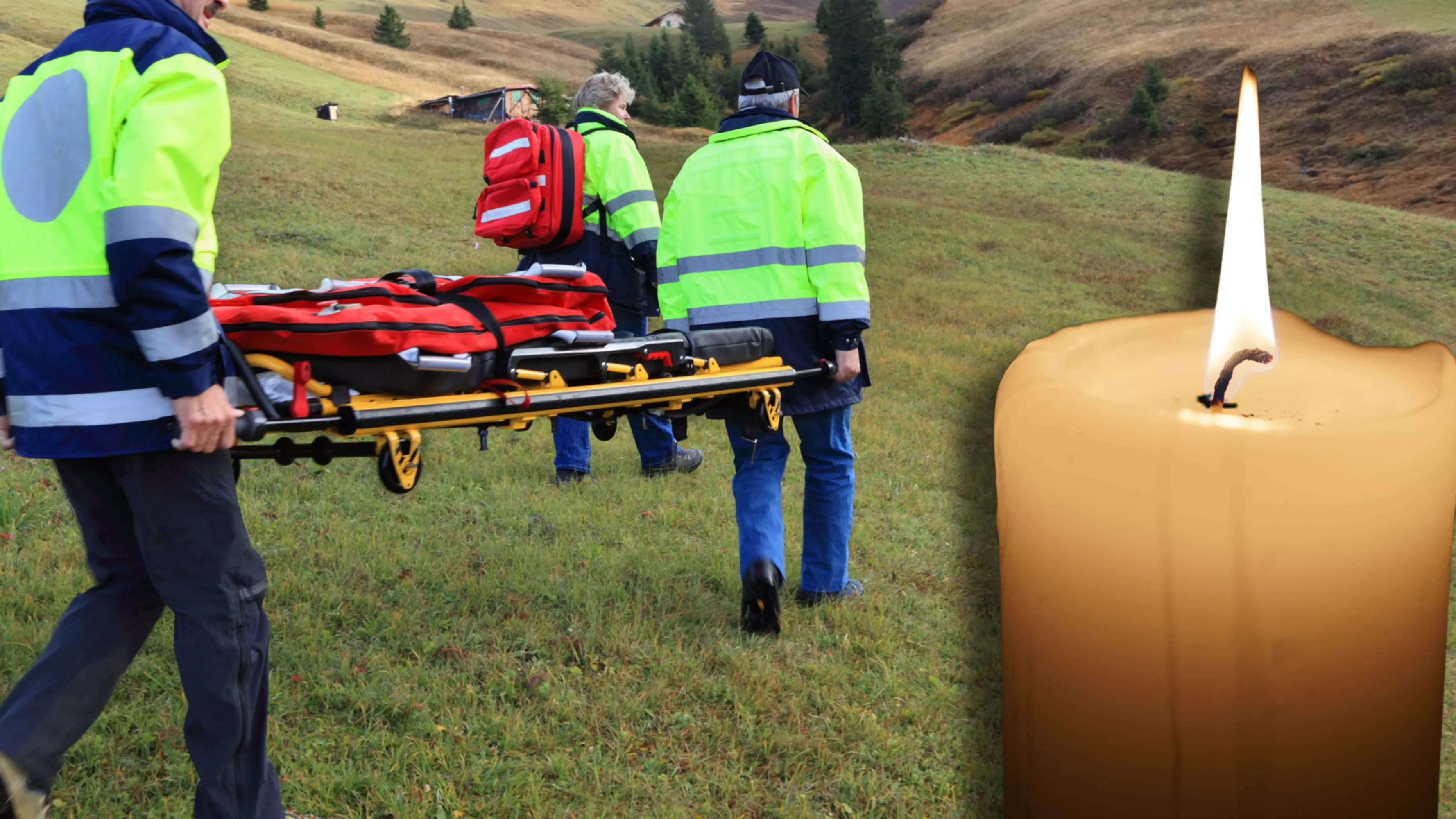 Das Bild auf 5min.at zeigt Bergrettung und eine Kerze