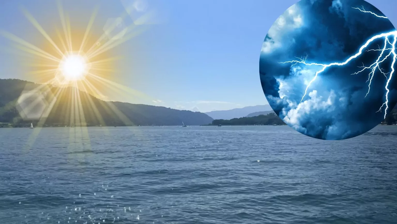 Das Bild auf 5min.at zeigt den Ossiacher See mit Sonne und einer Gewitterwolke/Gewitterzelle.