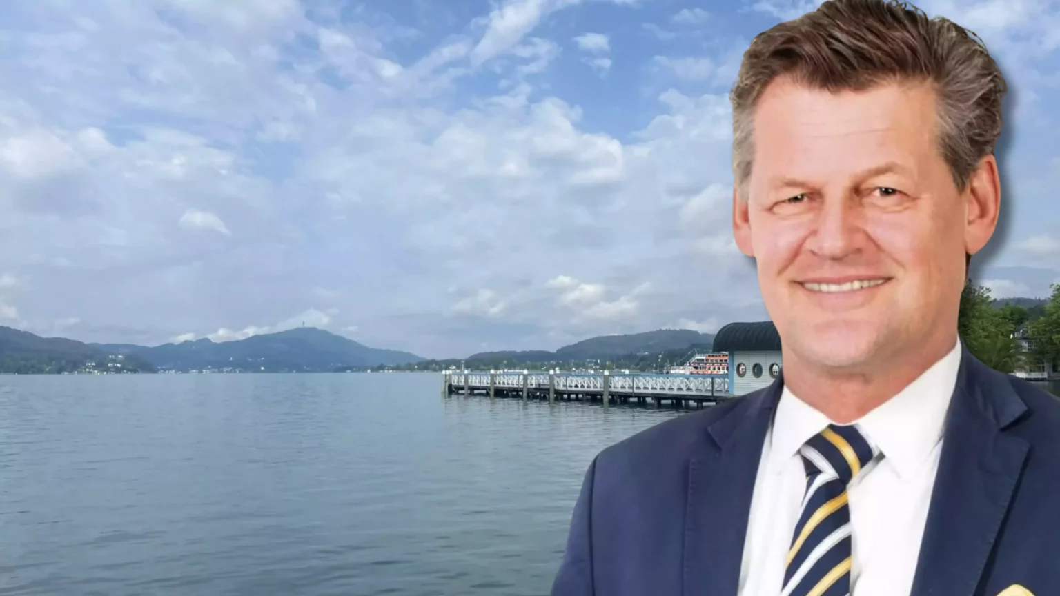 Eine Bildmontage auf 5min.at zeigt Bürgermeister Christian Scheider in der Wörthersee Ostbucht in Klagenfurt.