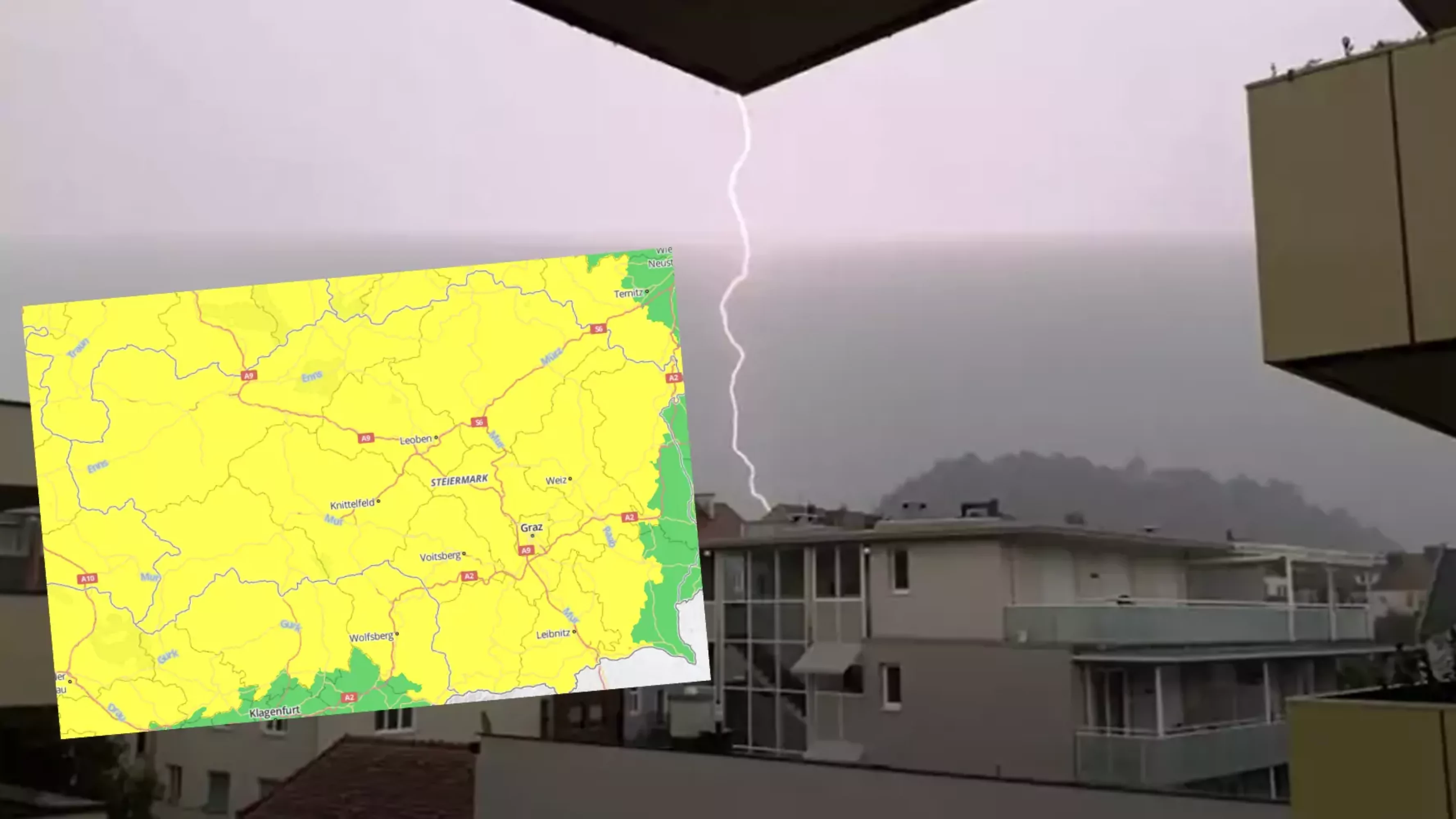 Foto auf 5min.at zeigt ein Gewitter und eine Wetterkarte der Steiermark