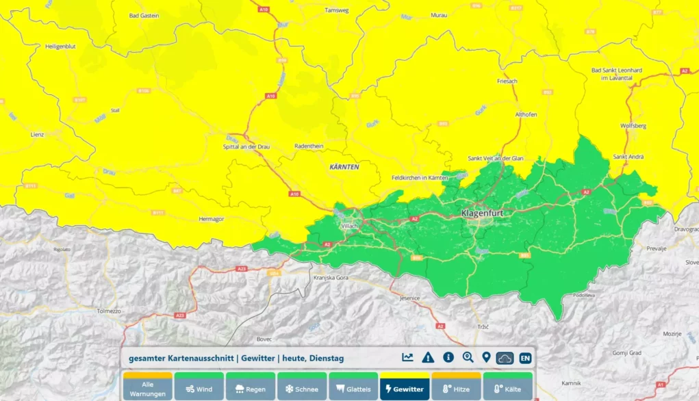 Ein Bild auf 5min.at zeigt die gelbe Wetterwarnkarte der Geosphere Austria.