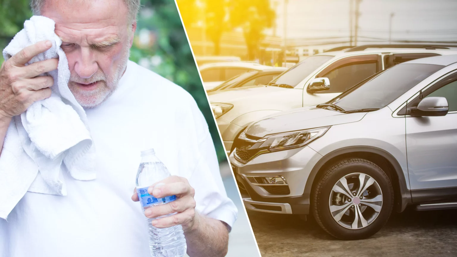 Eine Bildmontage auf 5min.at zeigen einen Pensionisten, der mit der Hitze kämpft, sowie Autos auf einem Parkplatz.