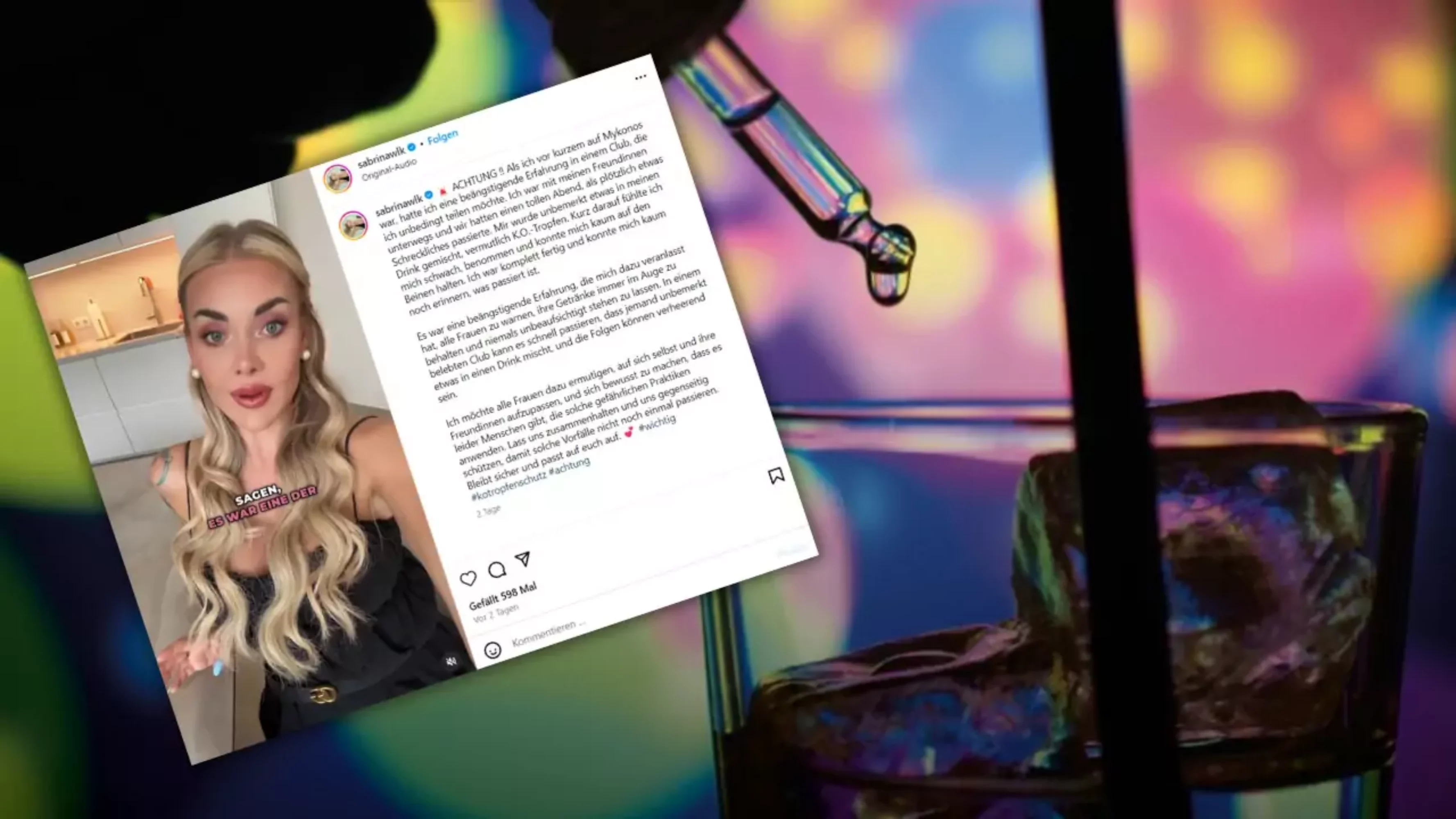 Bild auf 5min.at zeigt eine Pipette, die etwss ins Glas tropft, und einen Screenshot eines Instagram-Postings.