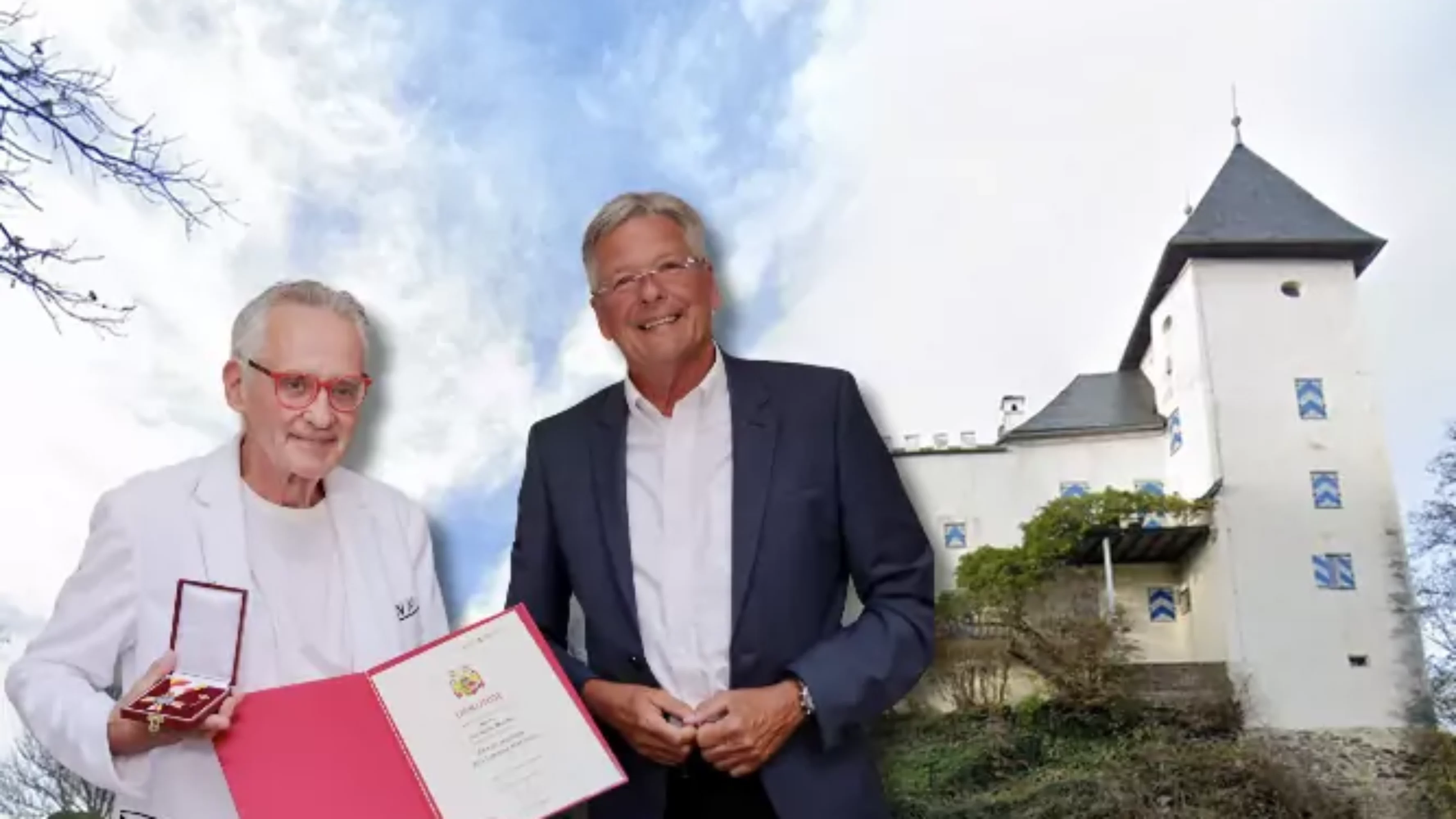 Das Bild auf 5min.at zeigt Christian Mucha und Peter Kaiser vor Schloss Drasing.