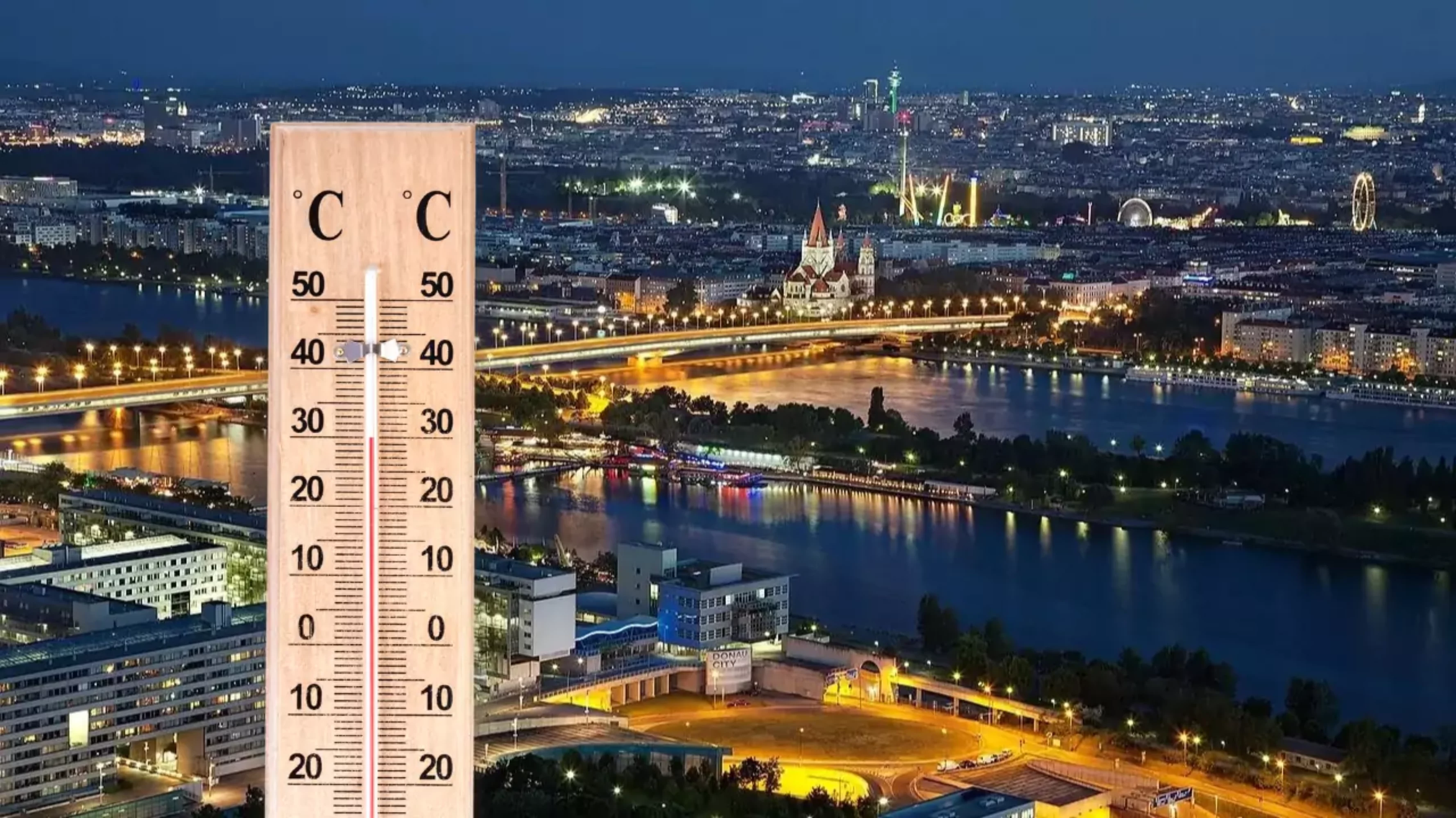 Bild auf 5min.at zeigt ein Thermometer und Wien bei Nacht.