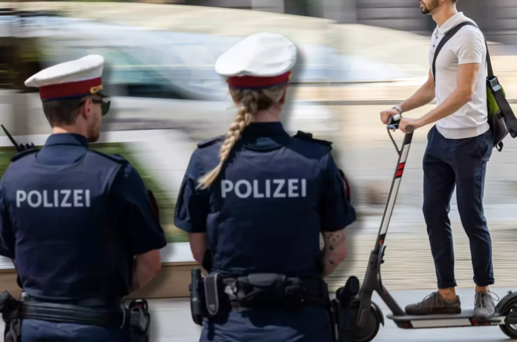 Ein Bild auf 5min.at zeigt einen E-Scooter-Fahrer und zwei Polizisten.