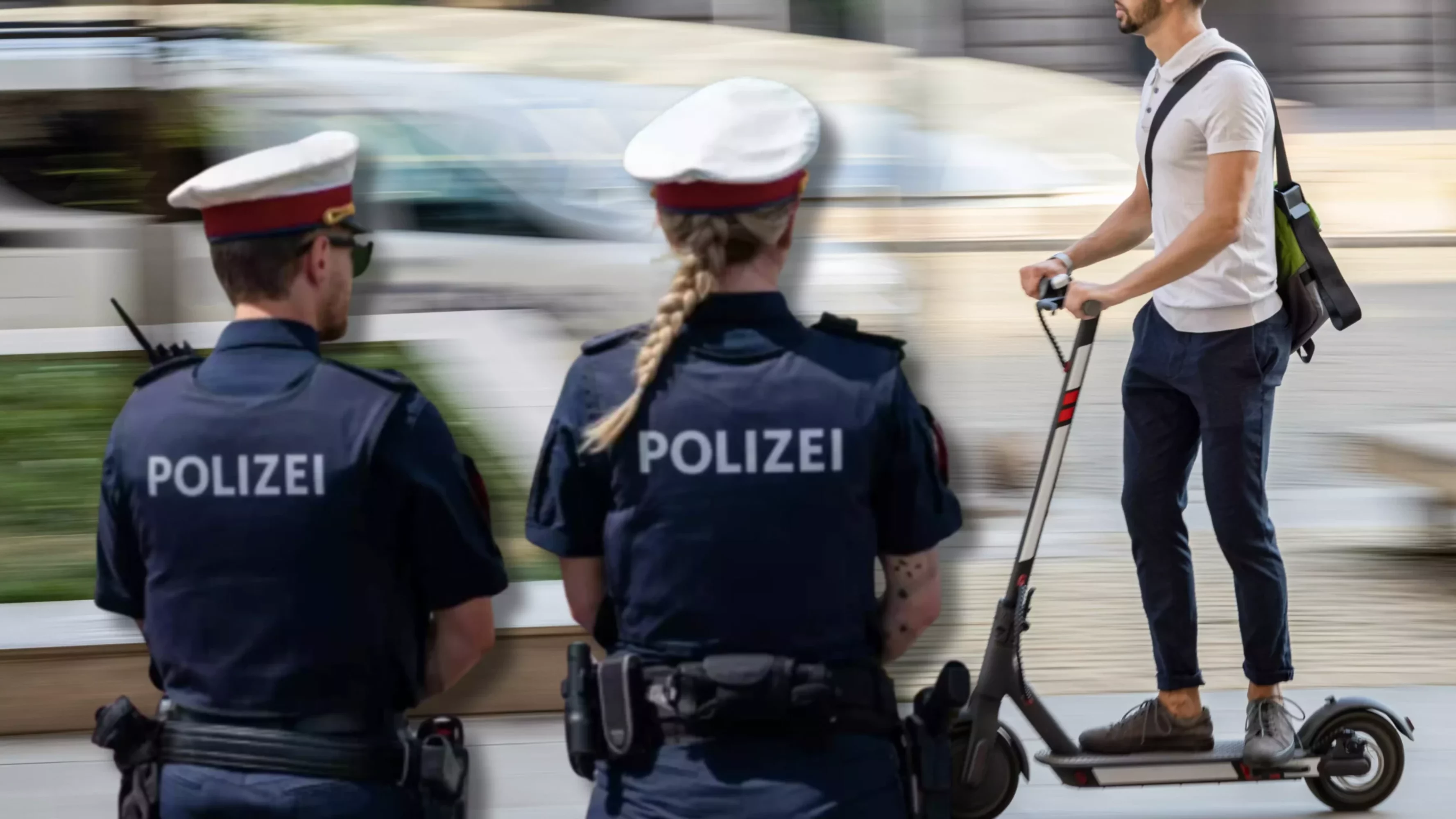 Ein Bild auf 5min.at zeigt einen E-Scooter-Fahrer und zwei Polizisten.