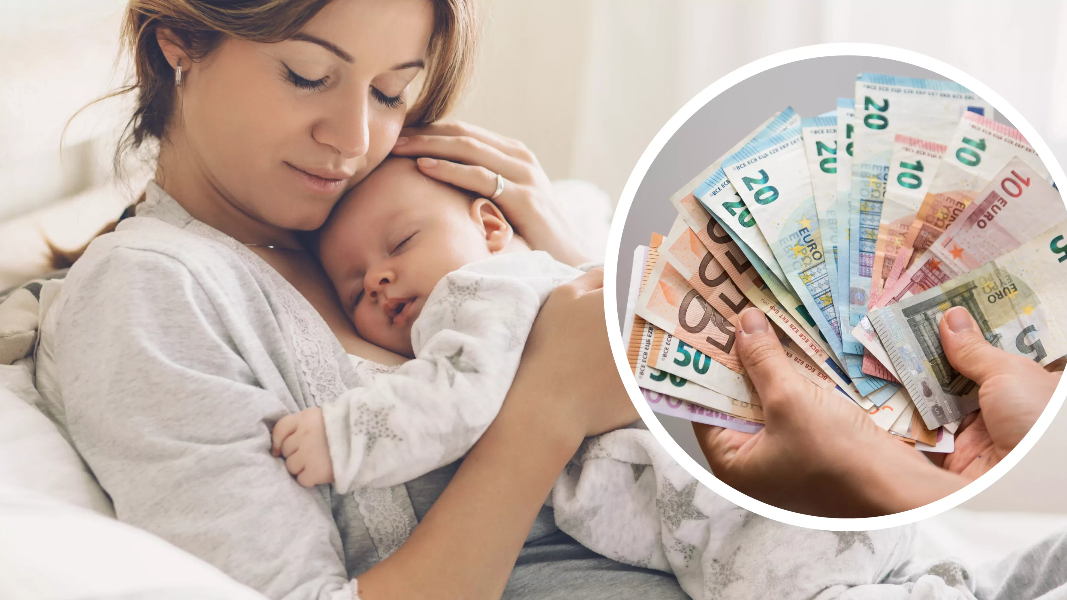 Bild auf 5min.at zeigt eine Mama und ihr Baby, sowie Euroscheine