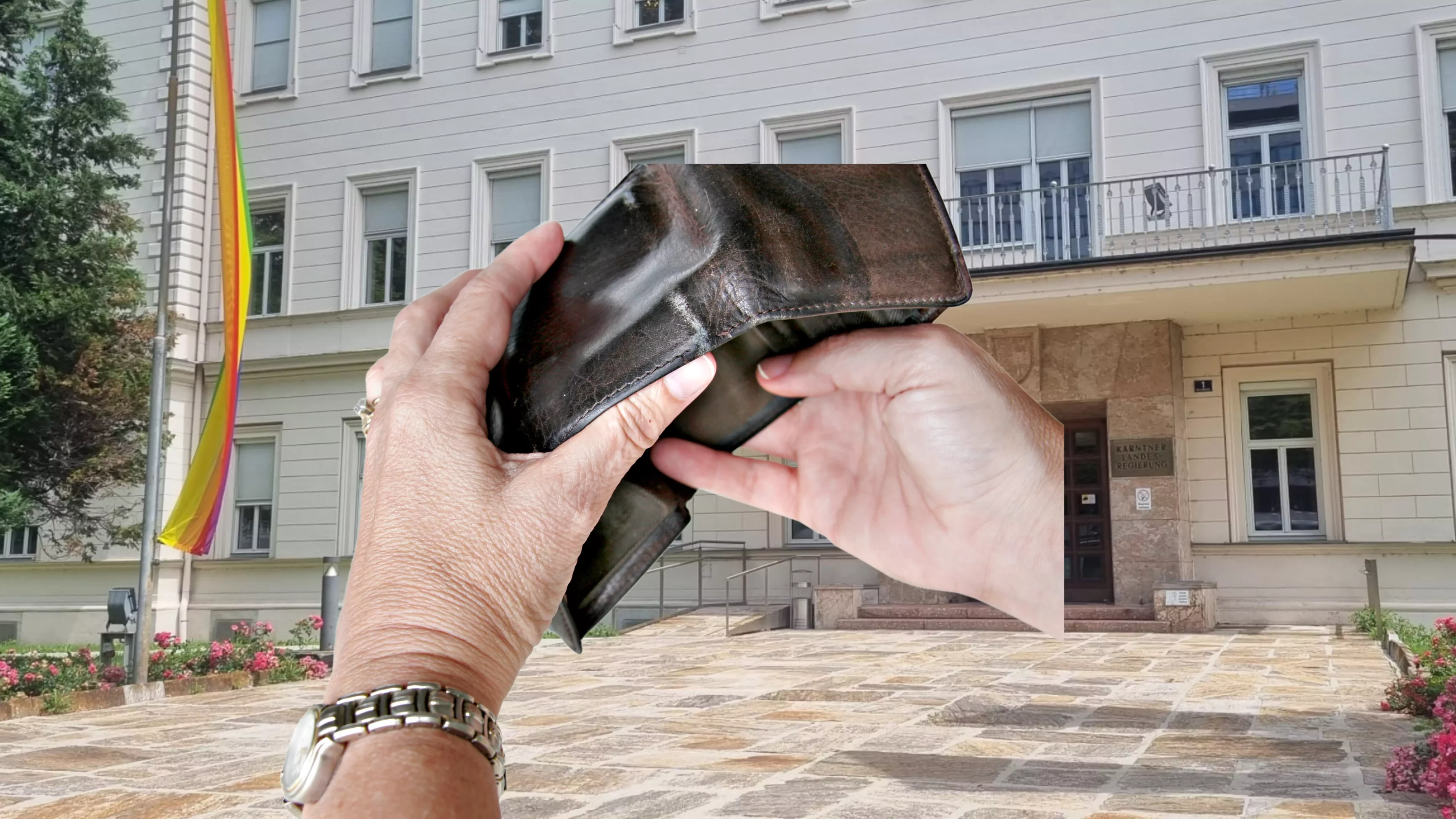 Bild auf 5min.at zeigt die Kärntner Landesregierung und eine leere Geldtasche