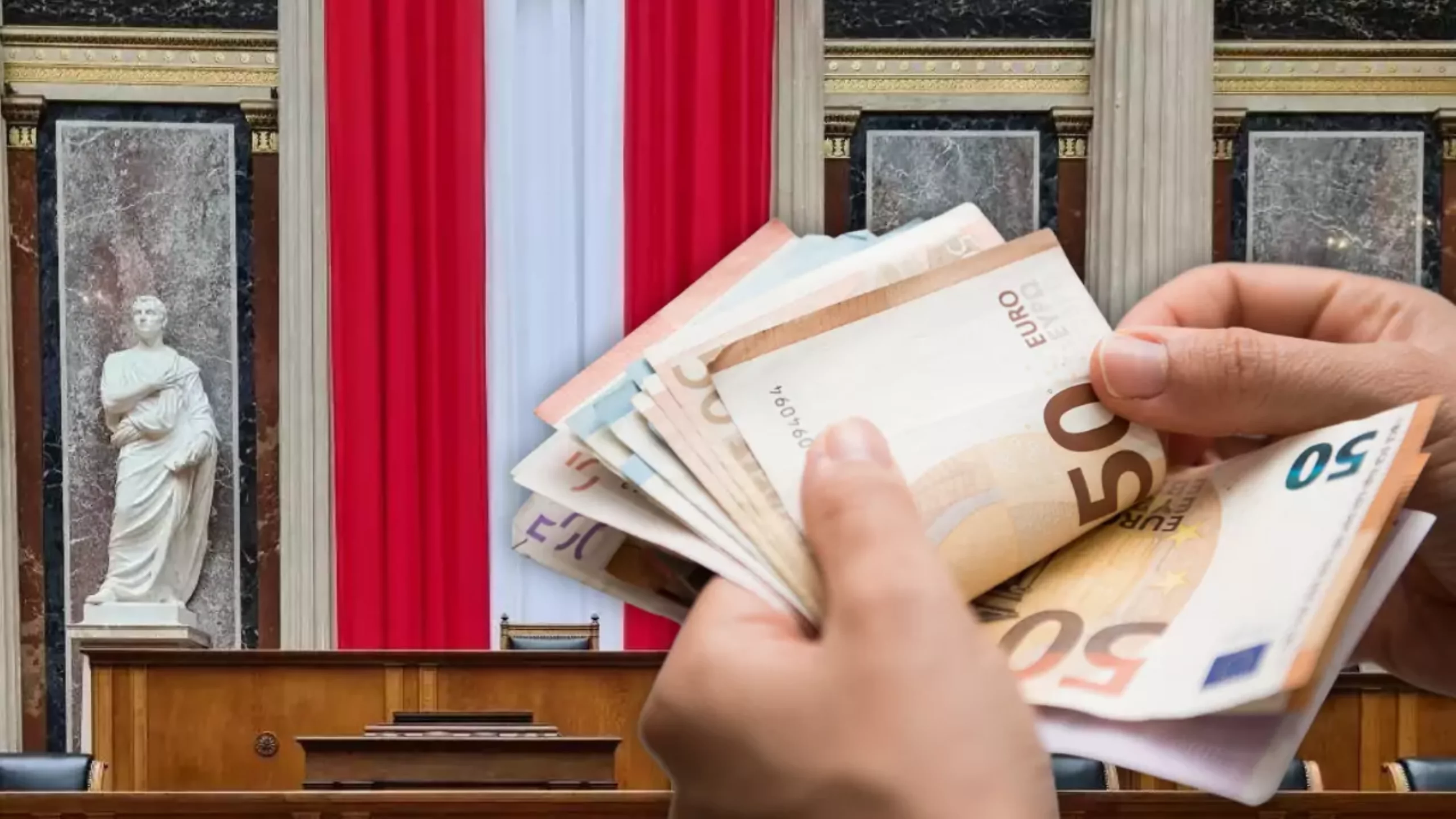 Bild auf 5min.at zeigt eine Hand mit Geld im Hintergrund, die österreichische Flagge.