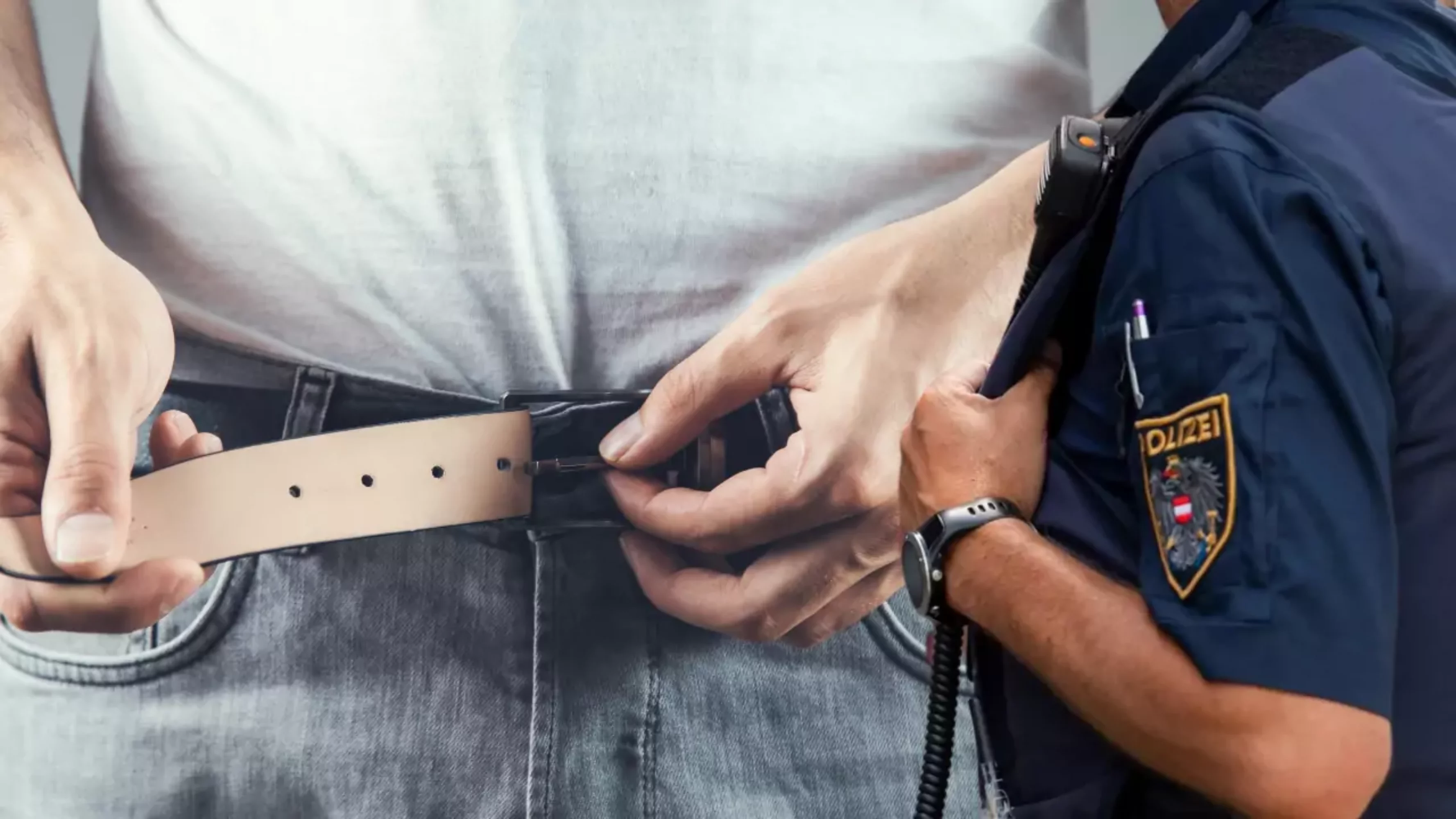 Bild auf 5min.at zeigt einen Mann, der sich die Hose öffnet, und einen Polizeibeamten.