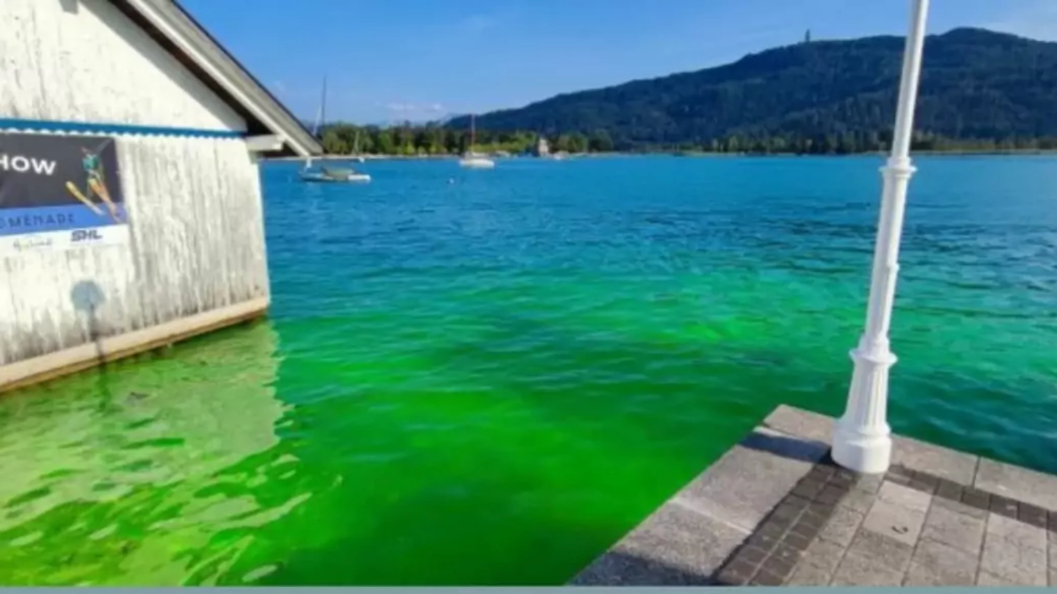 Das Bild auf 5min.at zeigt grün gefärbtes Wasser, das in den Wörthersee fließt.
