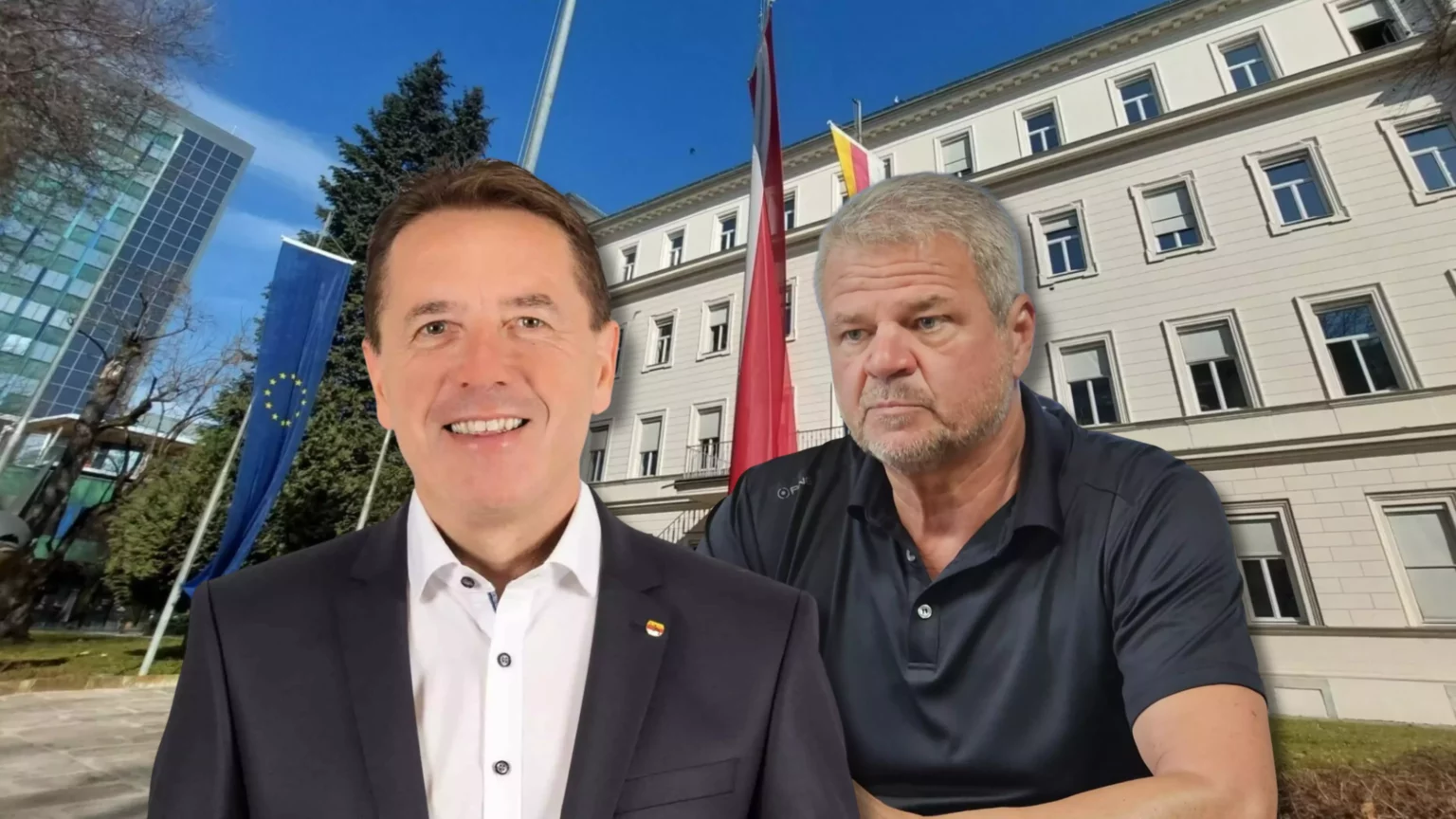 Eine Bildmontage auf 5min.at zeigen FPÖ-Chef Gerhard Angerer und Team-Kärnten-Chef Gerhard Köfer vor der Kärntner Landesregierung.