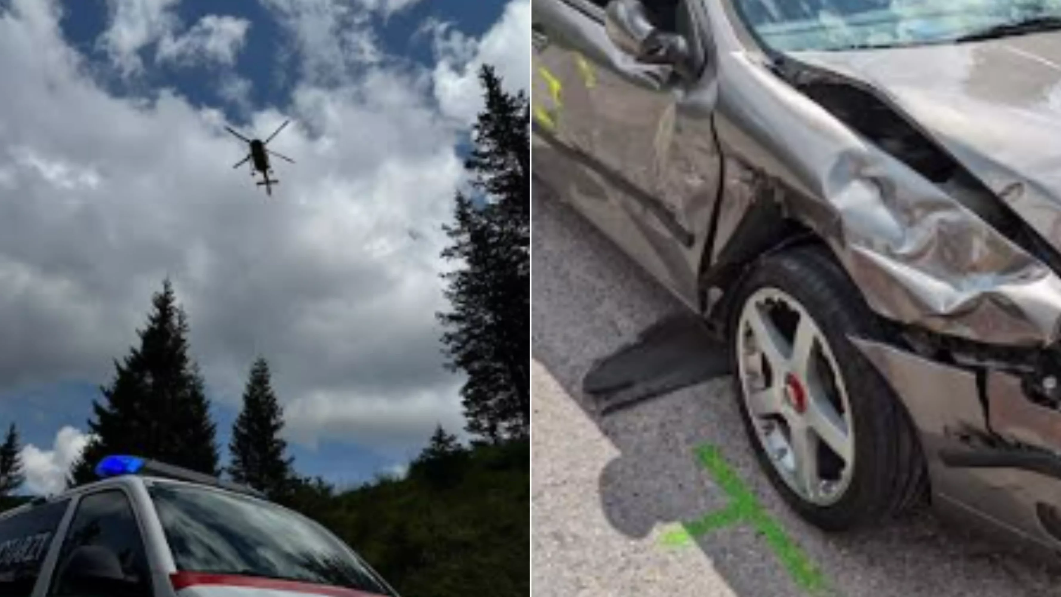 Das Bild auf 5min.at zeigt einen Hubschrauber und ein kaputtes Auto
