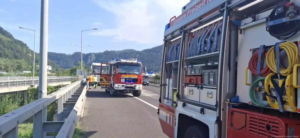 Das Bild auf 5min.at zeigt die Feuerwehr bei einem Diesel-Unfall.