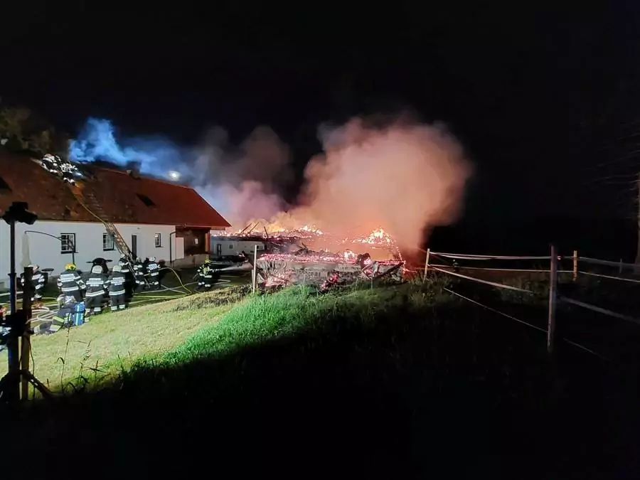 Das Bild auf 5min.at zeigt einen Brand eines Wirtschaftsgebäudes.