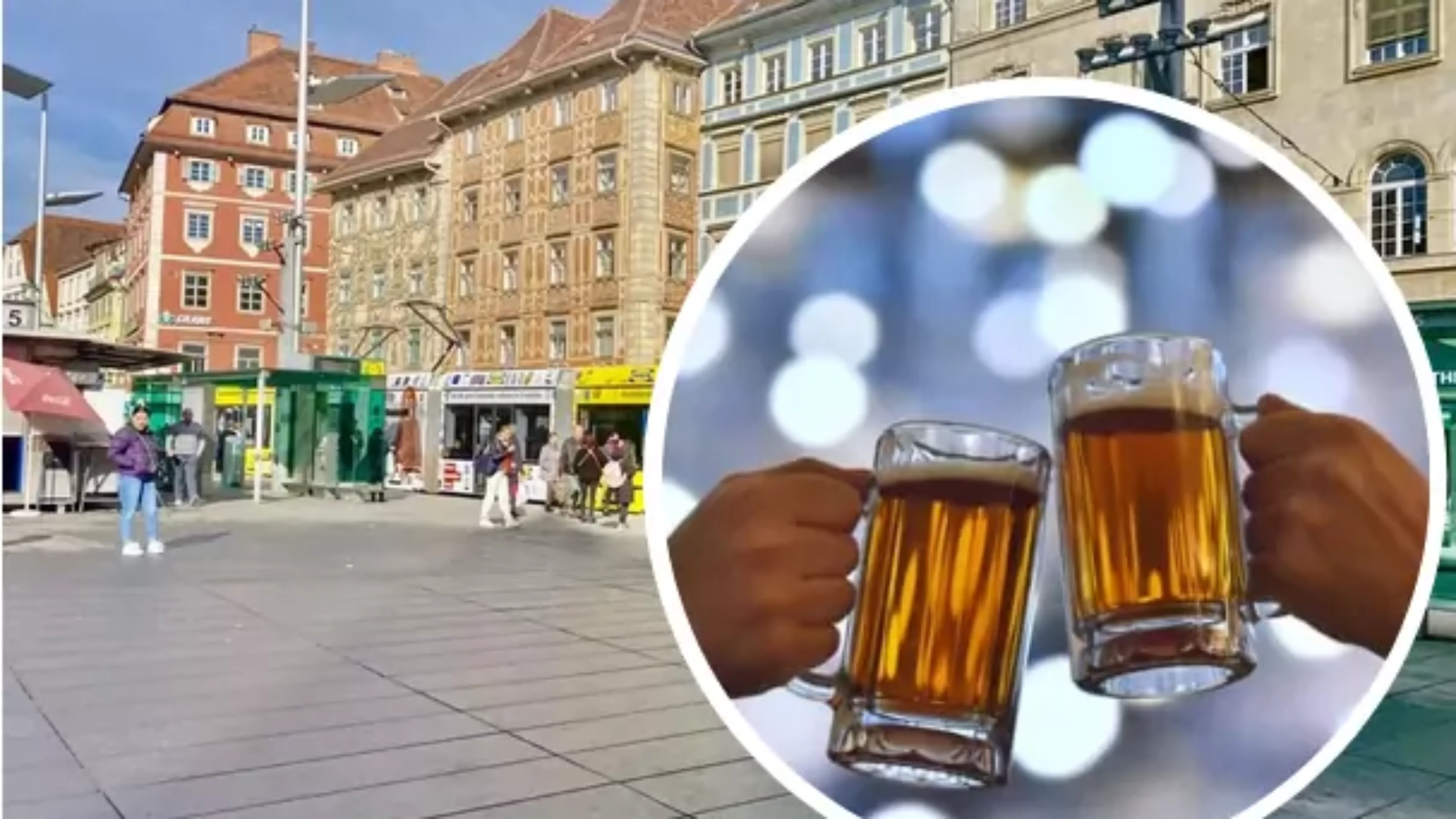 Das Bild auf 5min.at zeigt Bier und den Grazer Hauptplatz.