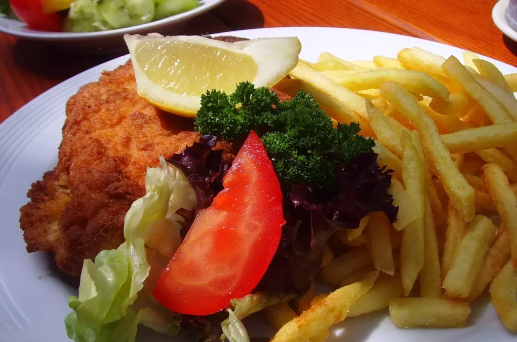 Das Bild auf 5min.at zeigt ein Schnitzel mit Pommes.