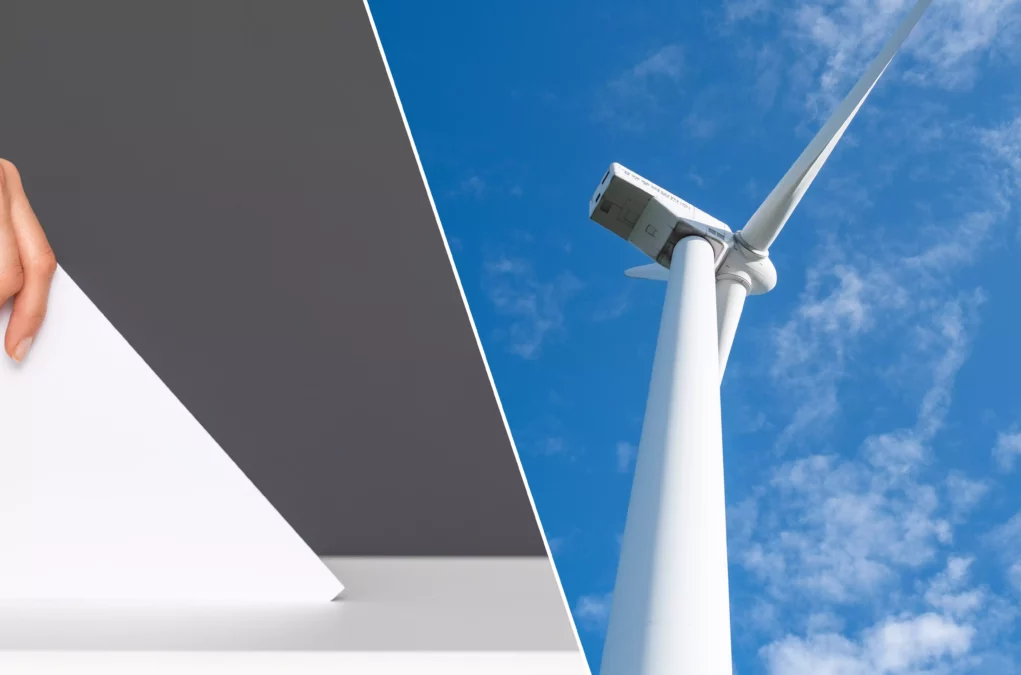 Eine Bildmontage auf 5min.at zeigt eine Wahlurne und eine Windkraft-Anlage.