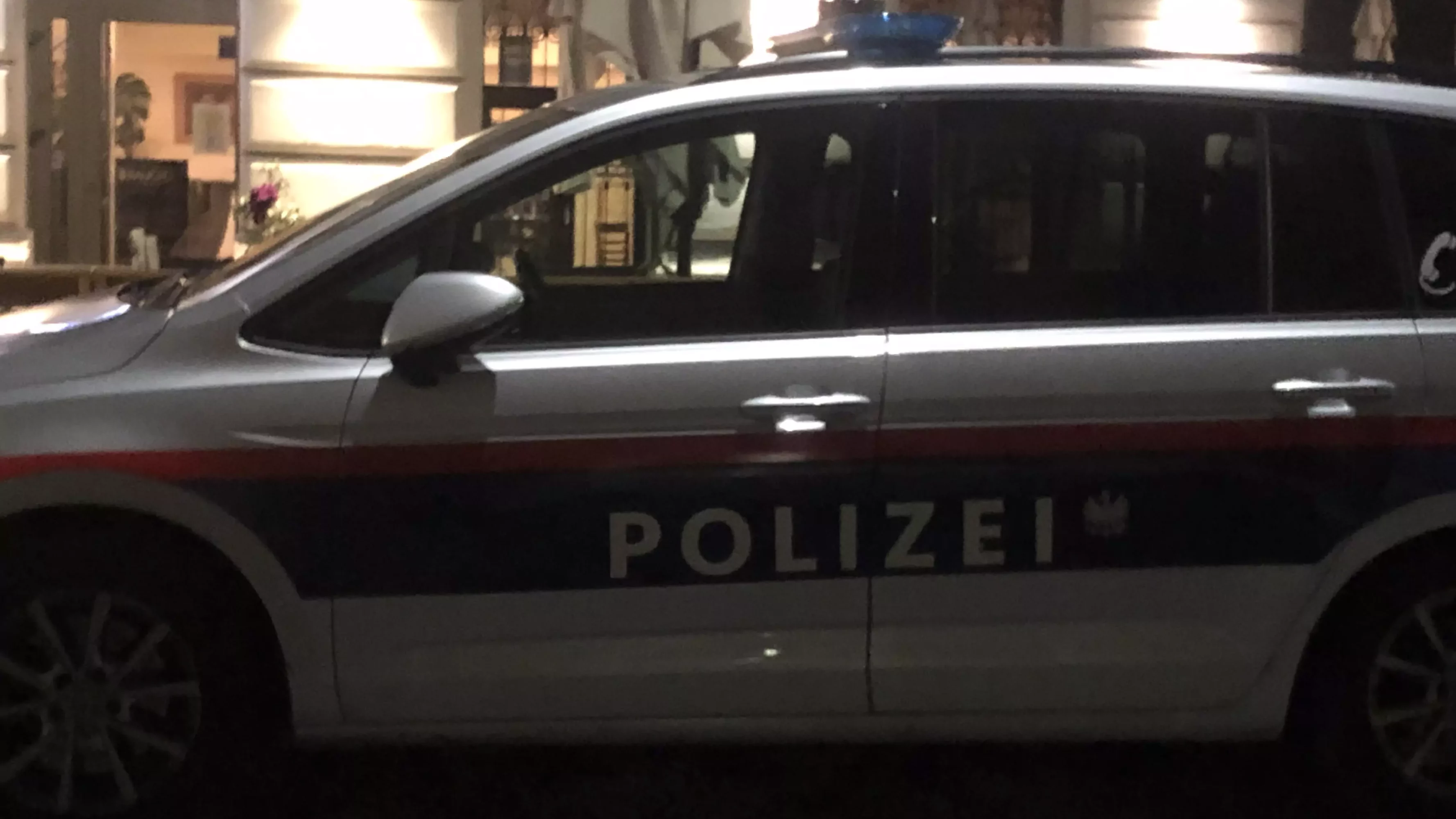 Ein Bild auf 5min.at zeigt ein Polizeiauto bei Nacht.