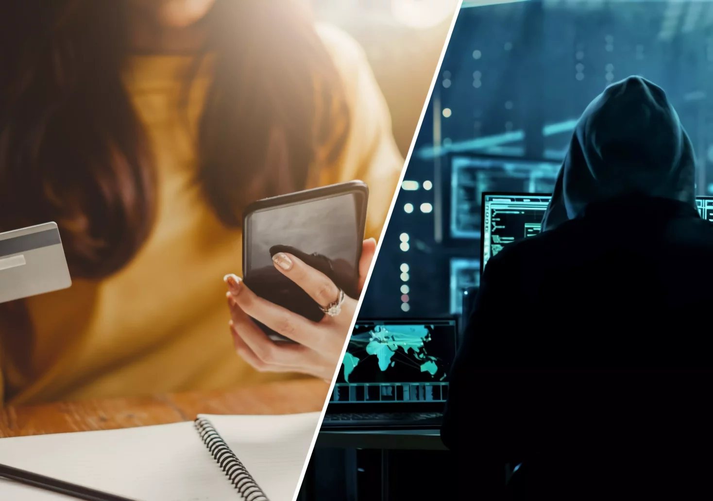 Eine Bildmontage auf 5min.at zeigt eine Frau beim Online-Shopping und einen Hacker, der auf seinen Bildschirm starrt.