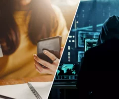 Eine Bildmontage auf 5min.at zeigt eine Frau beim Online-Shopping und einen Hacker, der auf seinen Bildschirm starrt.