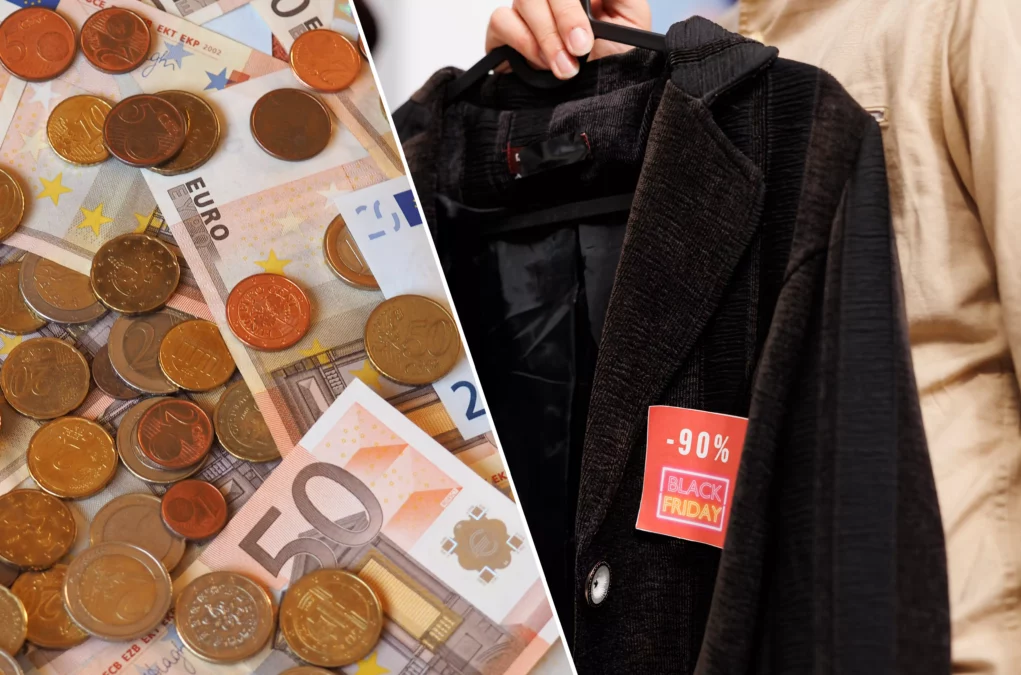 Eine Bildmontage auf 5min.at zeigt Euro-Münzen und -Scheine sowie jemanden, der gerade eine Jacke mit Black-Friday-Rabattschild kauft.