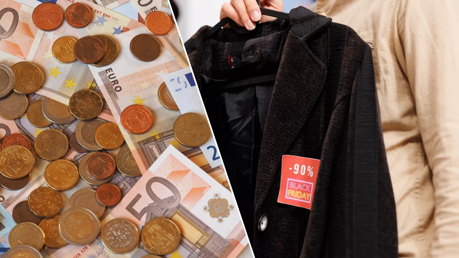 Eine Bildmontage auf 5min.at zeigt Euro-Münzen und -Scheine sowie jemanden, der gerade eine Jacke mit Black-Friday-Rabattschild kauft.