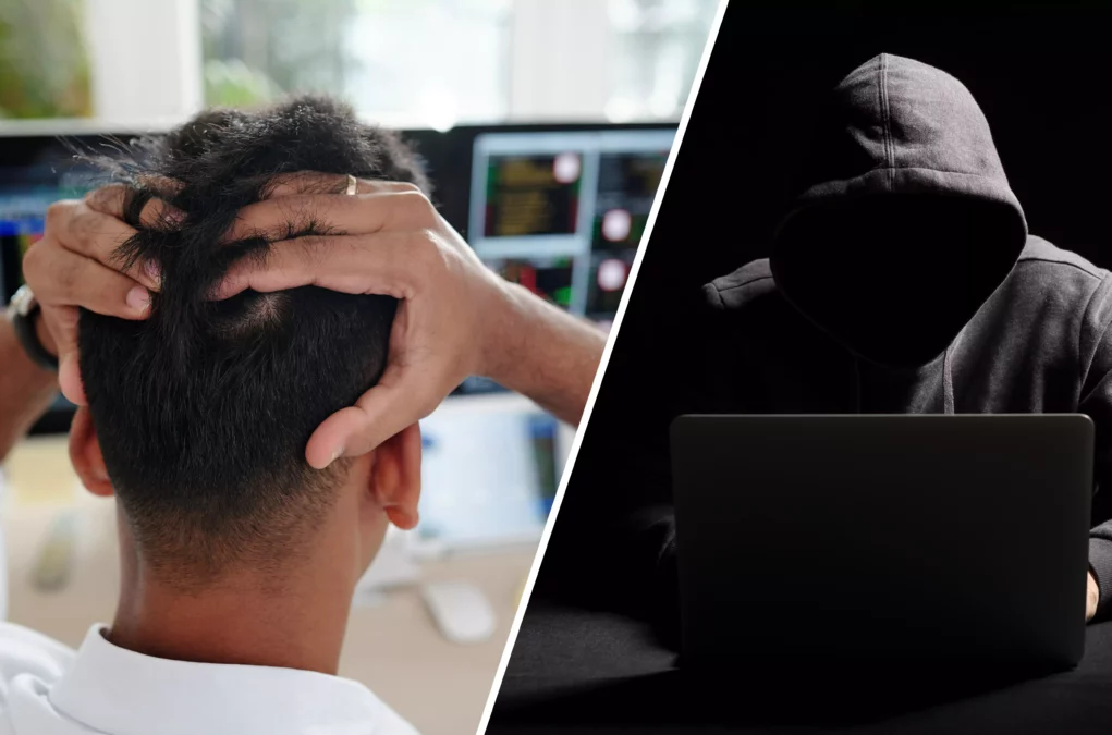 Eine Bildmontage auf 5min.at zeigt einen Mann der sich die Haare rauft und einen Hacker in schwarzem Kapuzenpullover, der auf einen Laptop blickt.