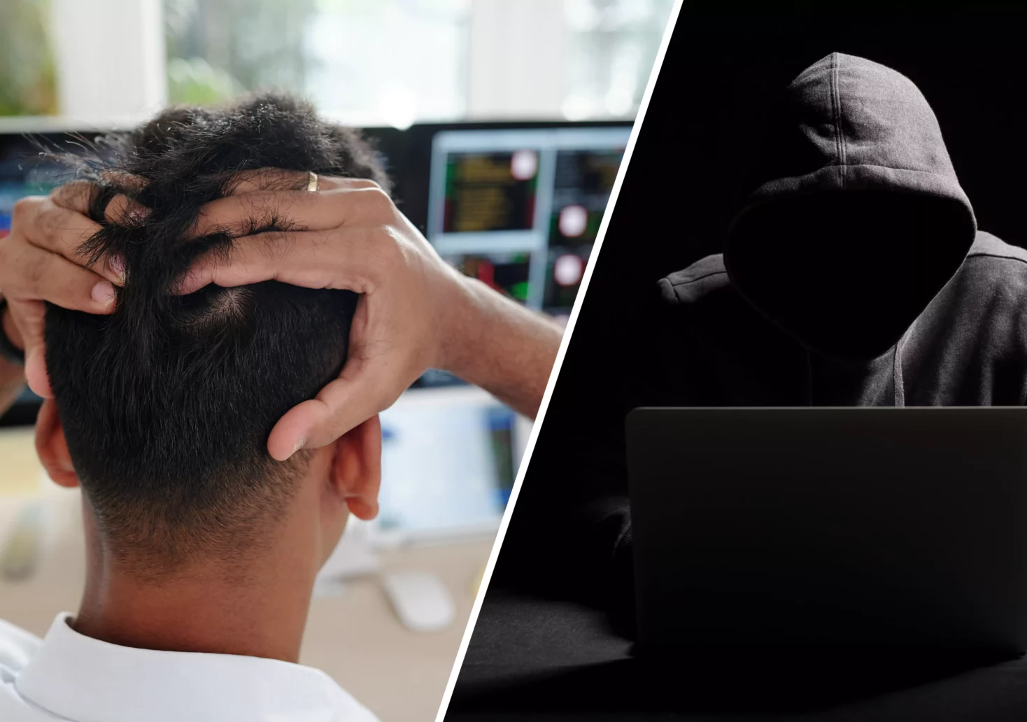 Eine Bildmontage auf 5min.at zeigt einen Mann der sich die Haare rauft und einen Hacker in schwarzem Kapuzenpullover, der auf einen Laptop blickt.
