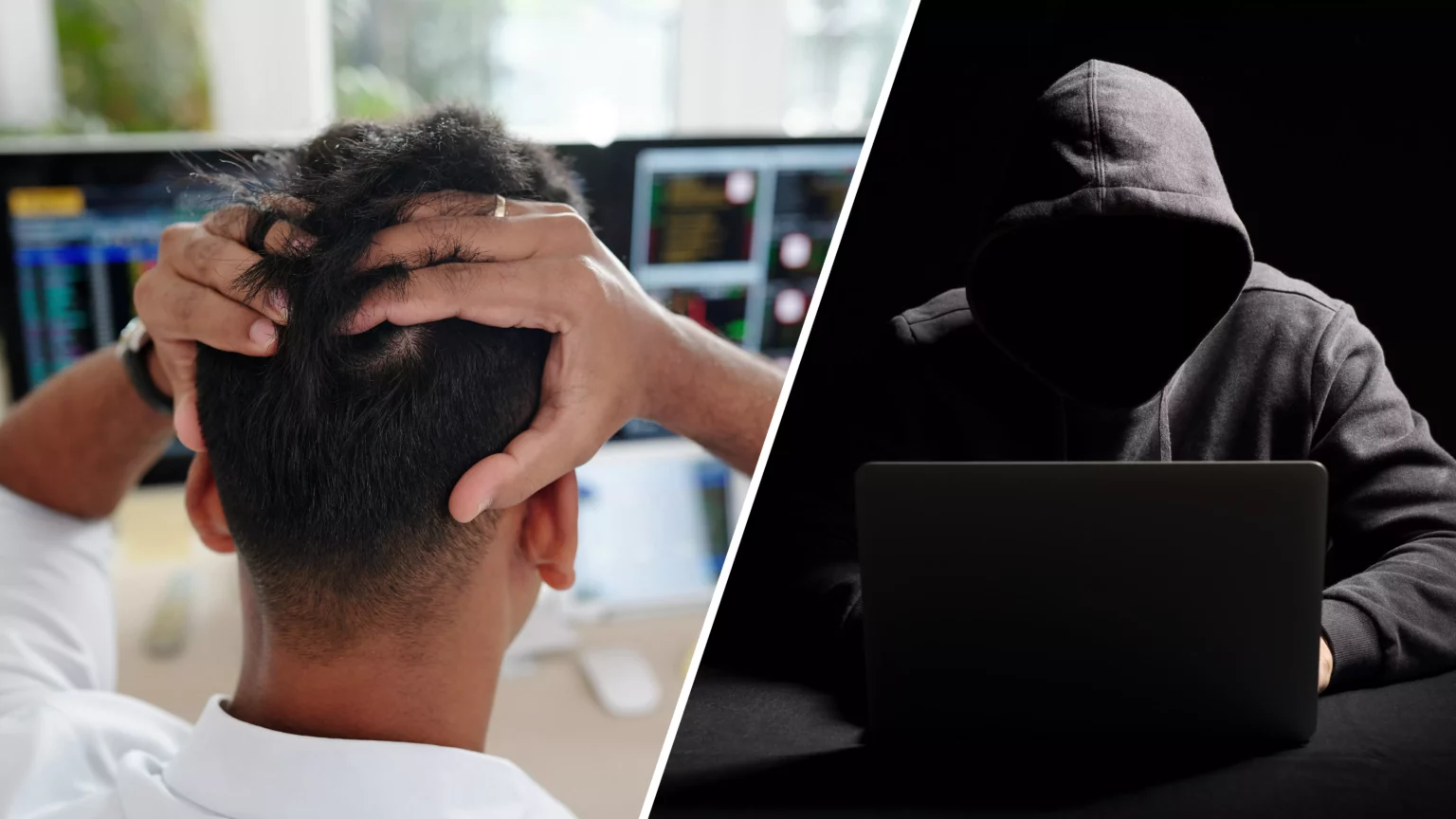 Eine Bildmontage auf 5min.at zeigt einen Mann der sich die Haare rauft und einen Hacker in schwarzem Kapuzenpullover, der auf einen Laptop blickt.
