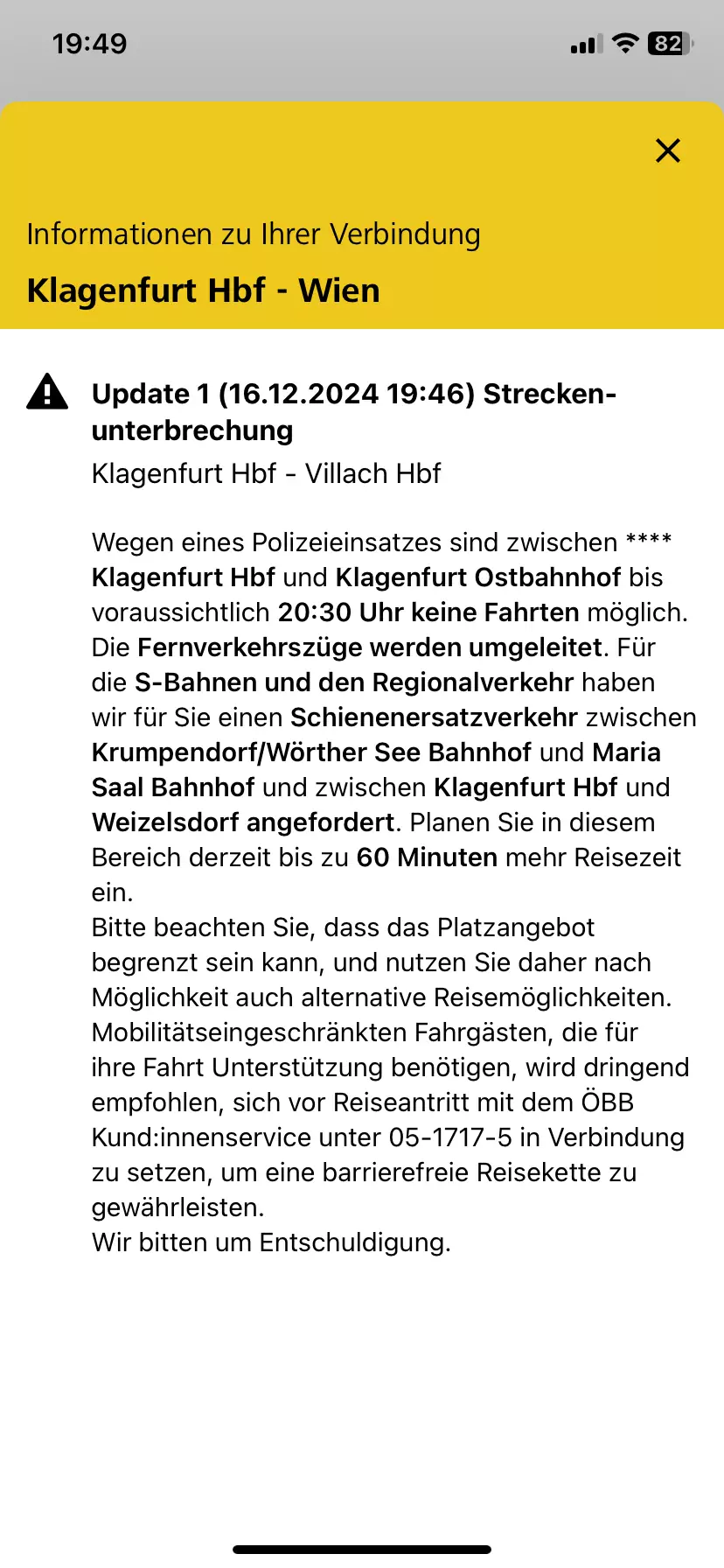 Zugverkehr gestoppt: Verspätungen nach Einsatz in Klagenfurt