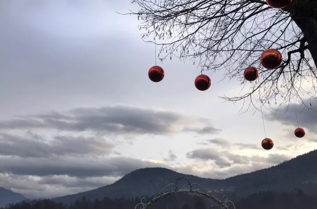Ein Bild auf 5min.at zeigt den bew&ouml;lkten Himmel und einen geschm&uuml;ckten Baum mit gro&szlig;en roten Christbaumkugeln.