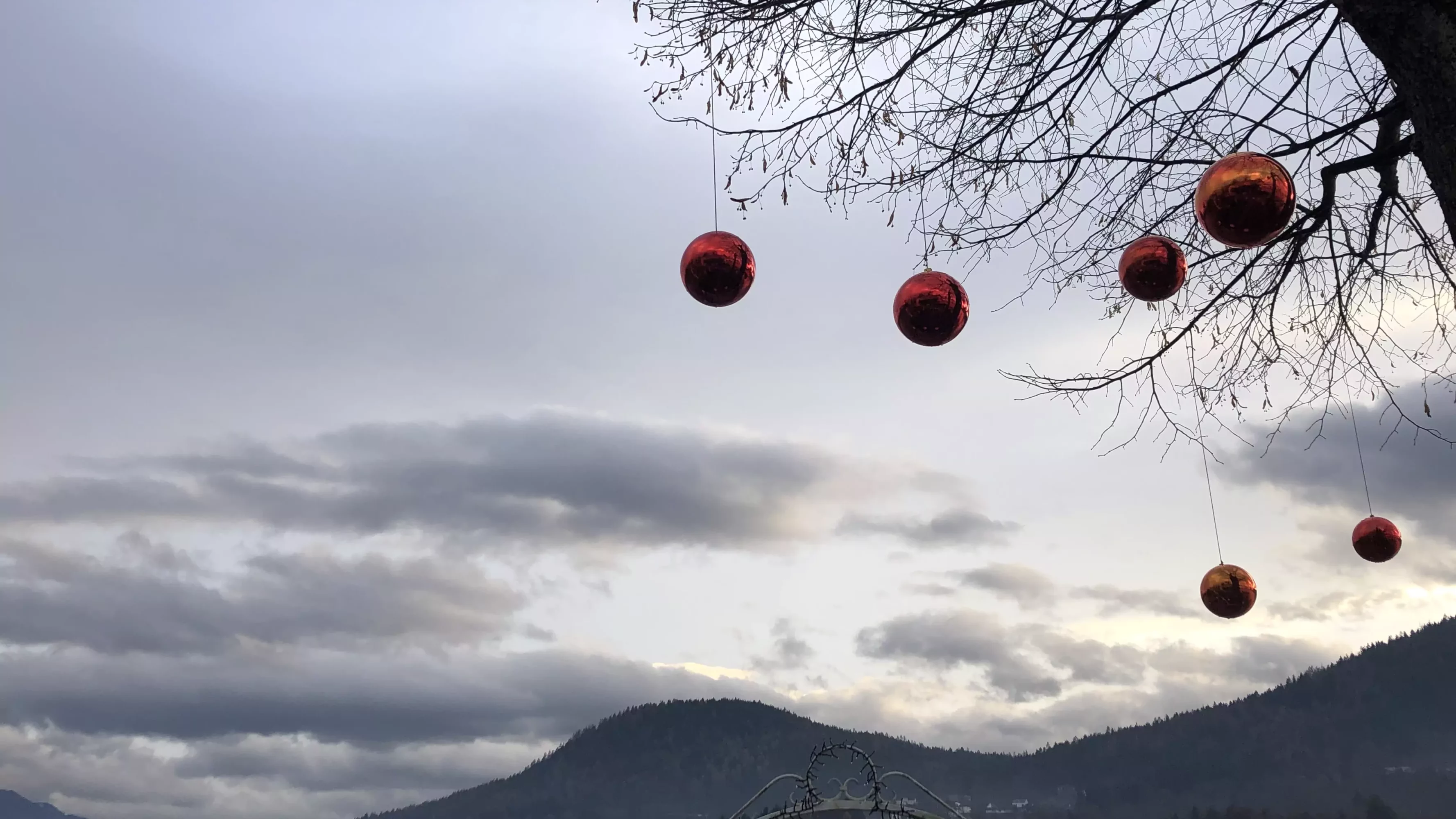 Ein Bild auf 5min.at zeigt den bewölkten Himmel und einen geschmückten Baum mit großen roten Christbaumkugeln.