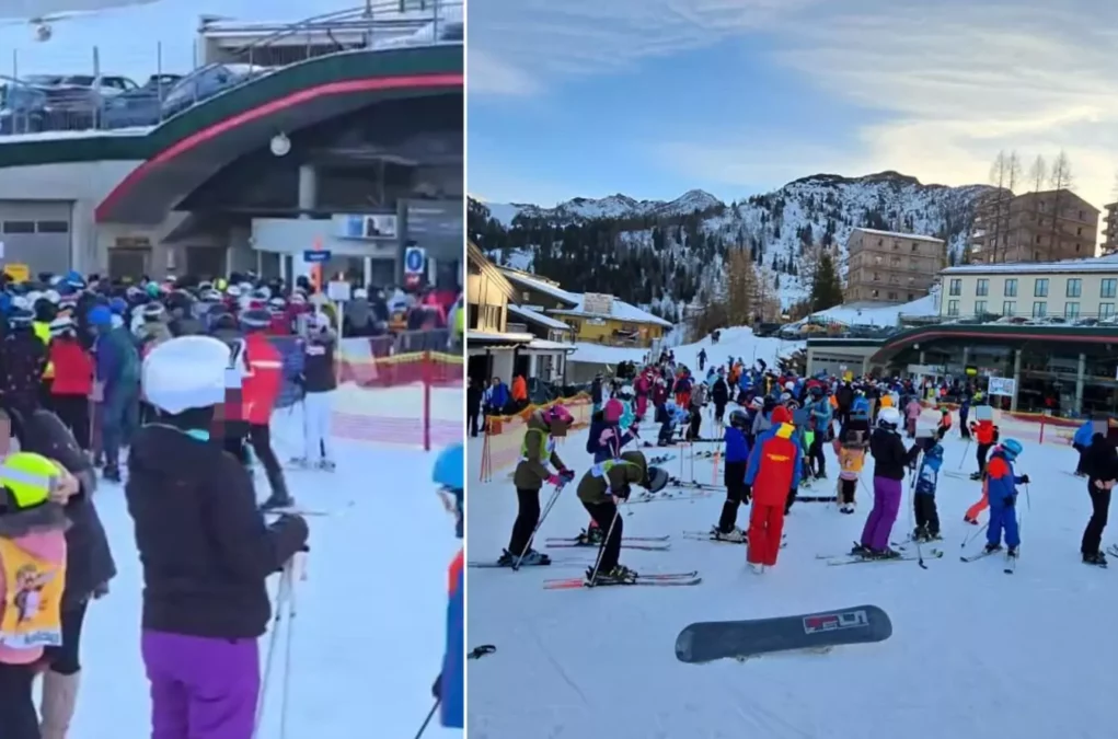 Ein Bild auf 5min.at zeigt den Skifahrer-Ansturm am Nassfeld.