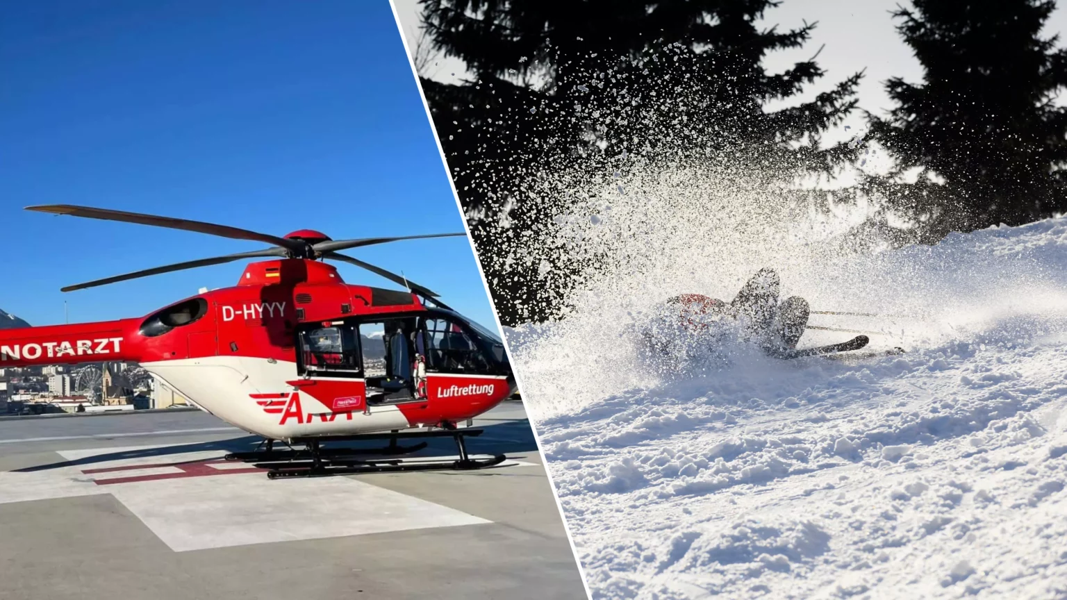 Eine Bildmontage auf 5min.at zeigt den Hubschrauber der ARA Flugrettung und einen gestürzten Skifahrer.