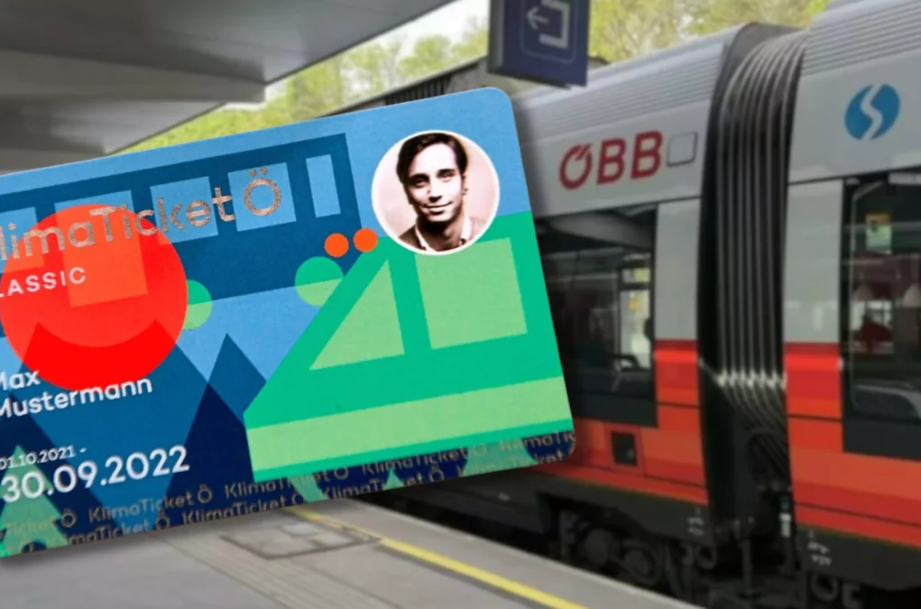 Foto auf 5min.at zeigt eine Bildmontage von einem Klimaticket und einem Zug.