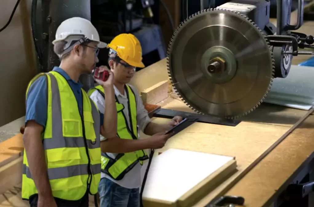 Das Bild auf 5min.at zeigt zwei Personen bei der Arbeitsinspektion, im Hintergrund ist eine Tischkreiss&auml;ge zu sehen.