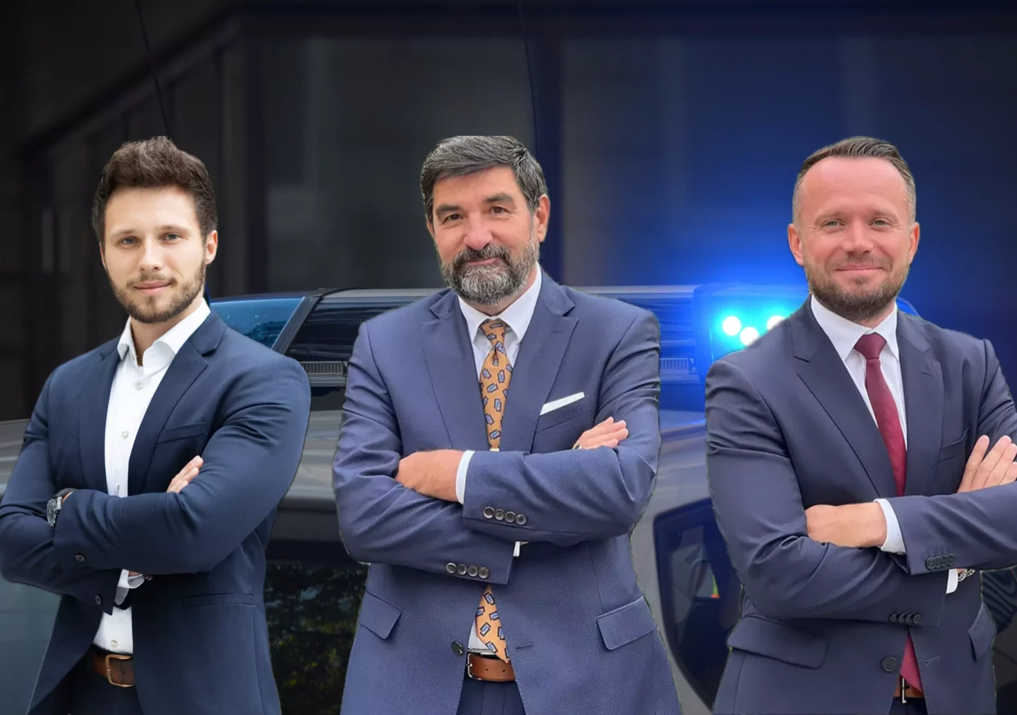 Foto in Beitrag von 5min.at: Zu sehen sind die drei Rechtsanwälte von Lanker & Partner, dahinter ist ein Polizeiauto bzw. das Blaulicht eines Polizeiautos zu sehen.