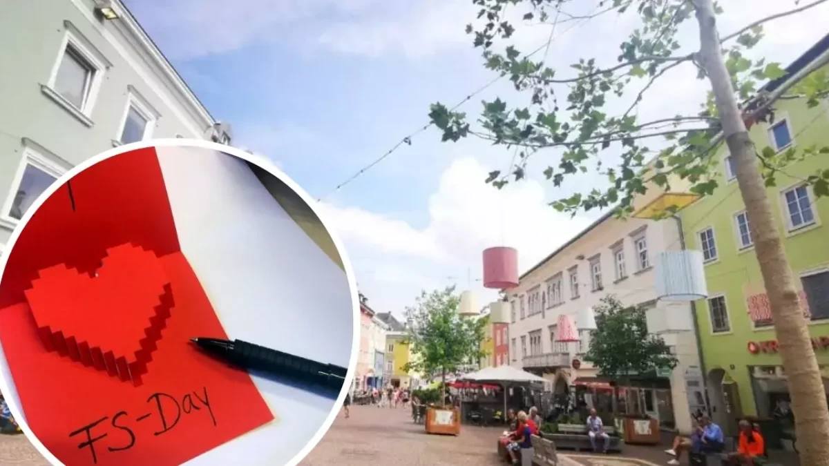 Das Bild auf 5min.at zeigt die Stadt Villach und im Vordergrund ein Bild mit einem Herzen und der Aufschrift "I love FS-Day".